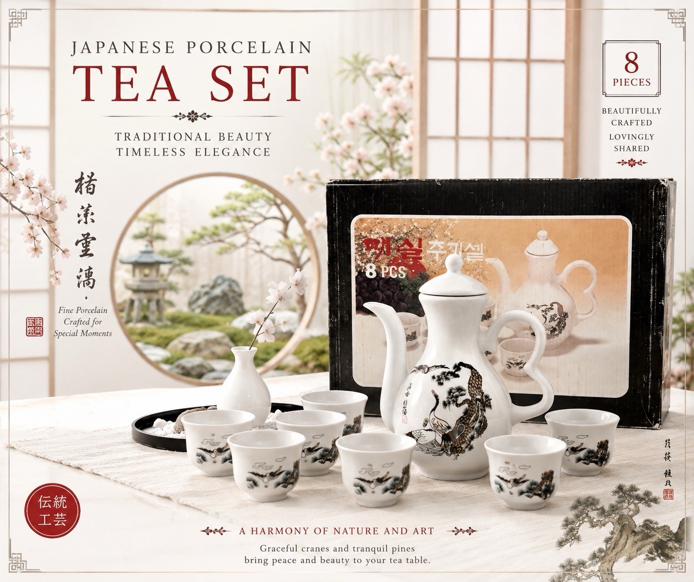 VTG Japanese 8 Piece Porcelain Tea Set Sake Set Crane Design Decanter Teapot