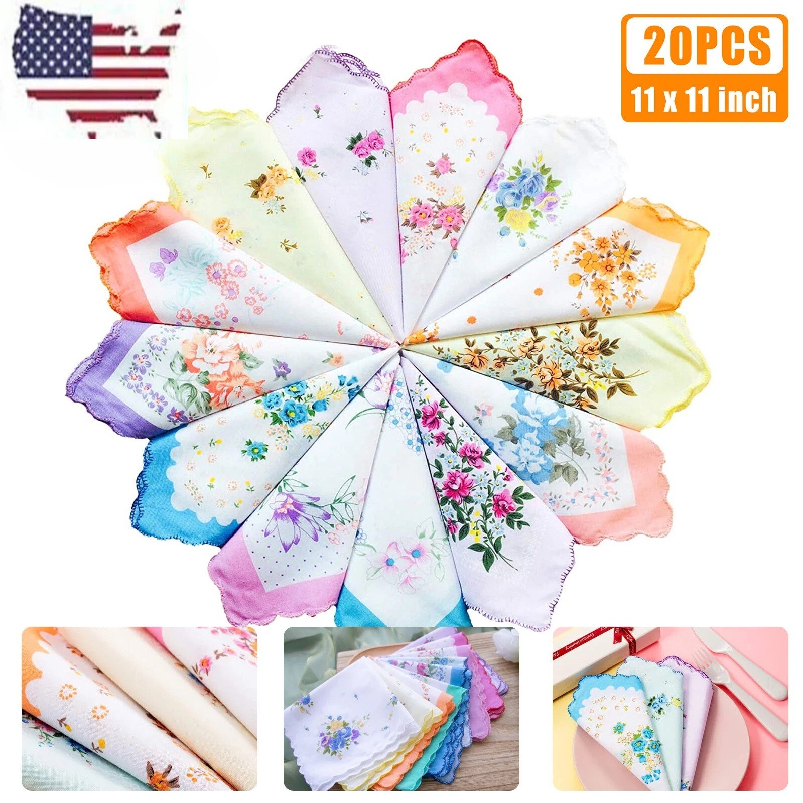 20PCS Women Vintage Floral Flowers Handkerchief 100% Cotton Square Hanky Ladies 20PCS Women Vintage Floral Flowers Handkerchief 100% Cotton Square Hanky Ladies