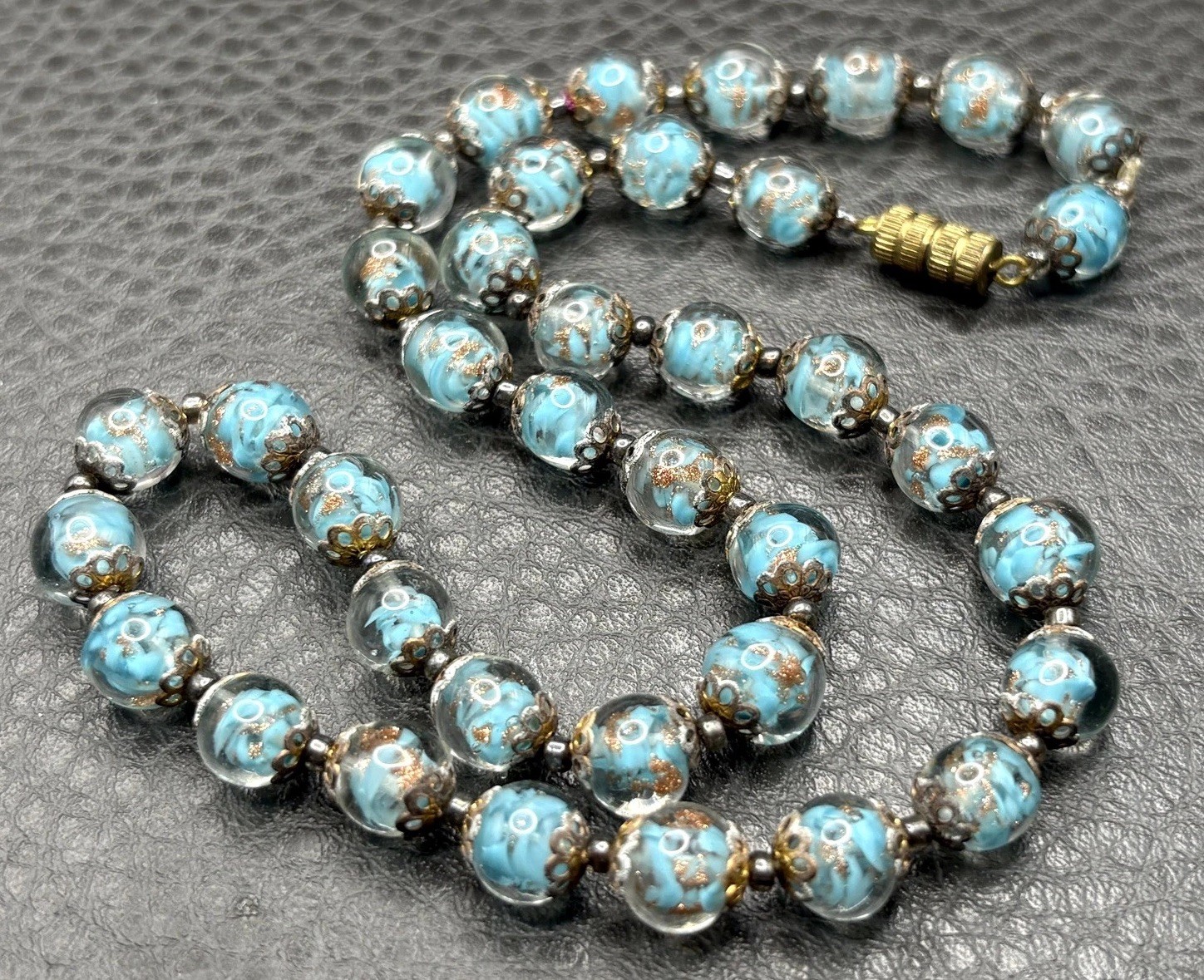 Vintage Blue Glitter Italy Venetian Art Glass 8MM Bead Necklace Barrel Clasp