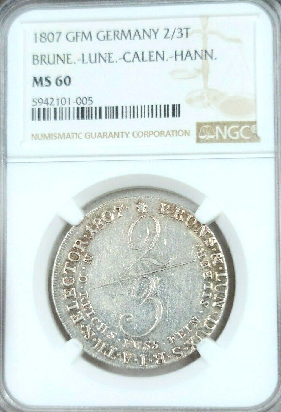1807 GERMANY SILVER 2/3 THALER BRUNE LUNE CALEN HANN NGC MS 60 RARE MINT STATE