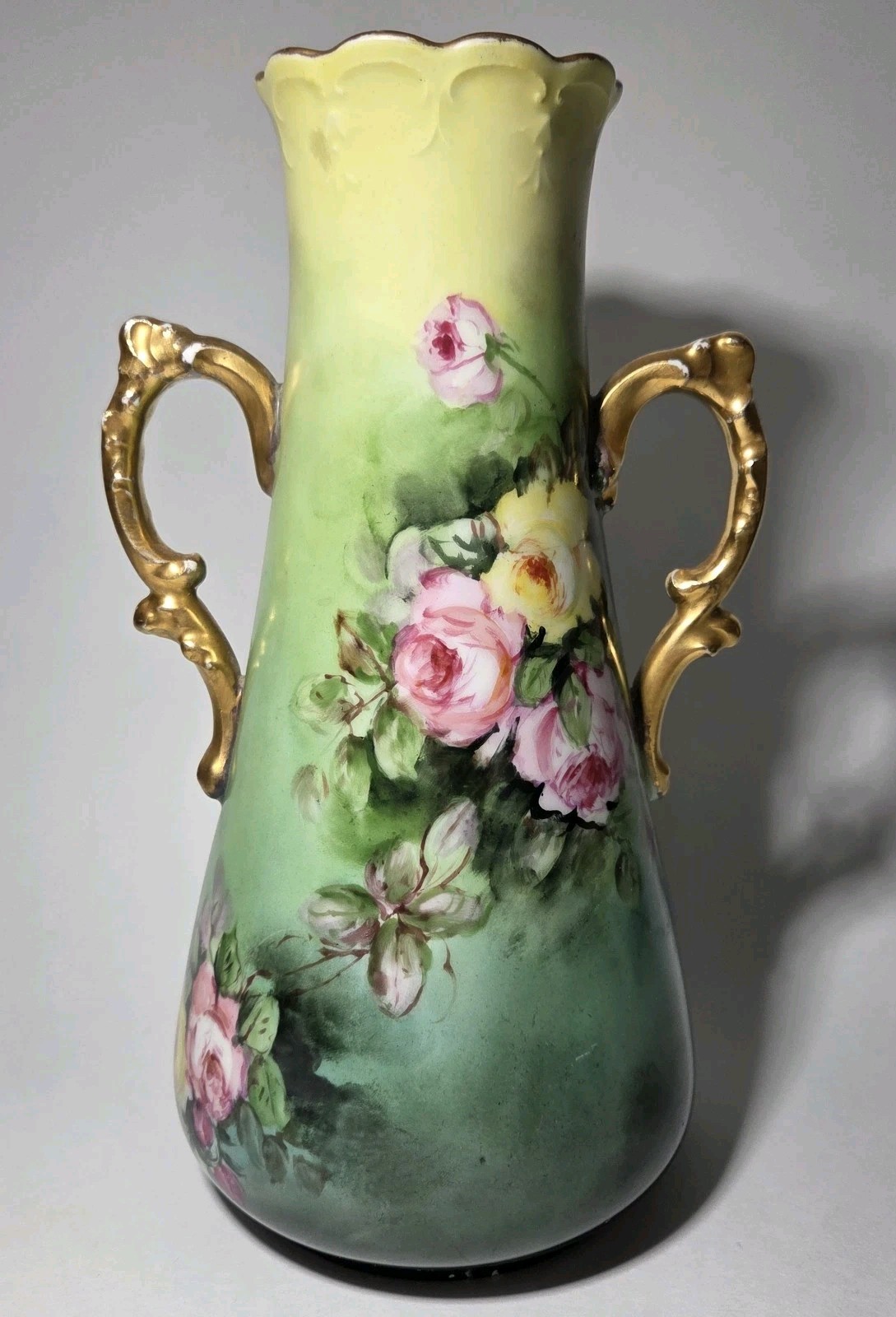 Art Nouveau Jean Pouyat Limoges France Hand Painted Porcelain Handled Vase Gold Art Nouveau Jean Pouyat Limoges France Hand Painted Porcelain Handled Vase Gold