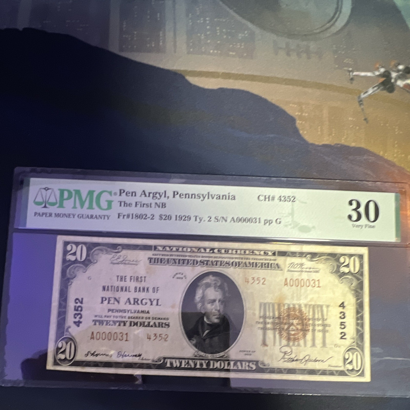 1929 $20 National Bank note Pen Argyl PA Charter 4352 PMG VF30 Serial 31 Low 1929 $20 National Bank note Pen Argyl PA Charter 4352 PMG VF30 Serial 31 Low
