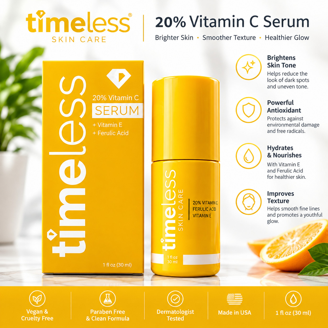 Timeless 20% Vitamin C + E Ferulic Acid Serum 30ml Antioxidant Face Serum