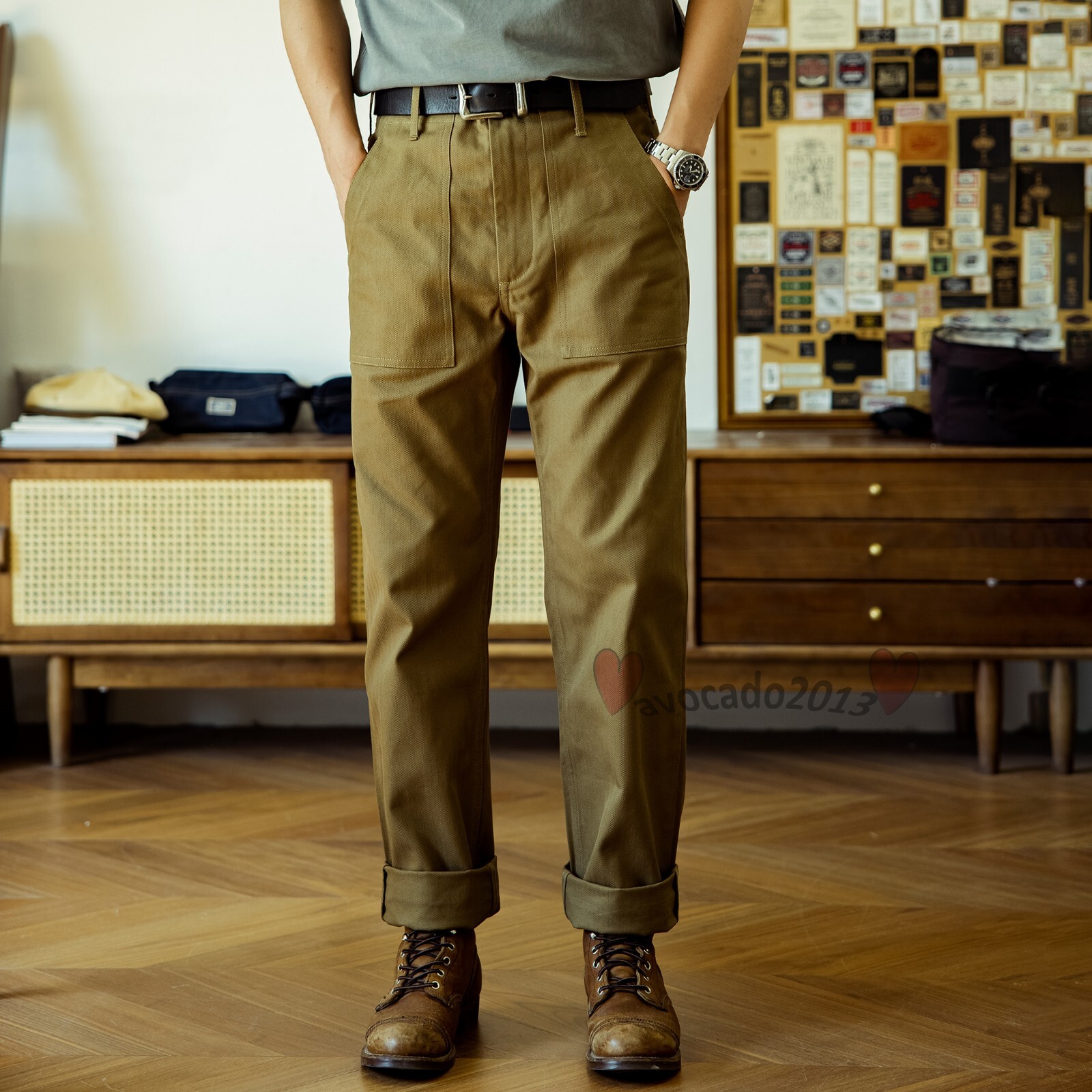 Red Tornado Herringbone Casual Pants OG107 Men\'s High Waist Straight Leg Trouser