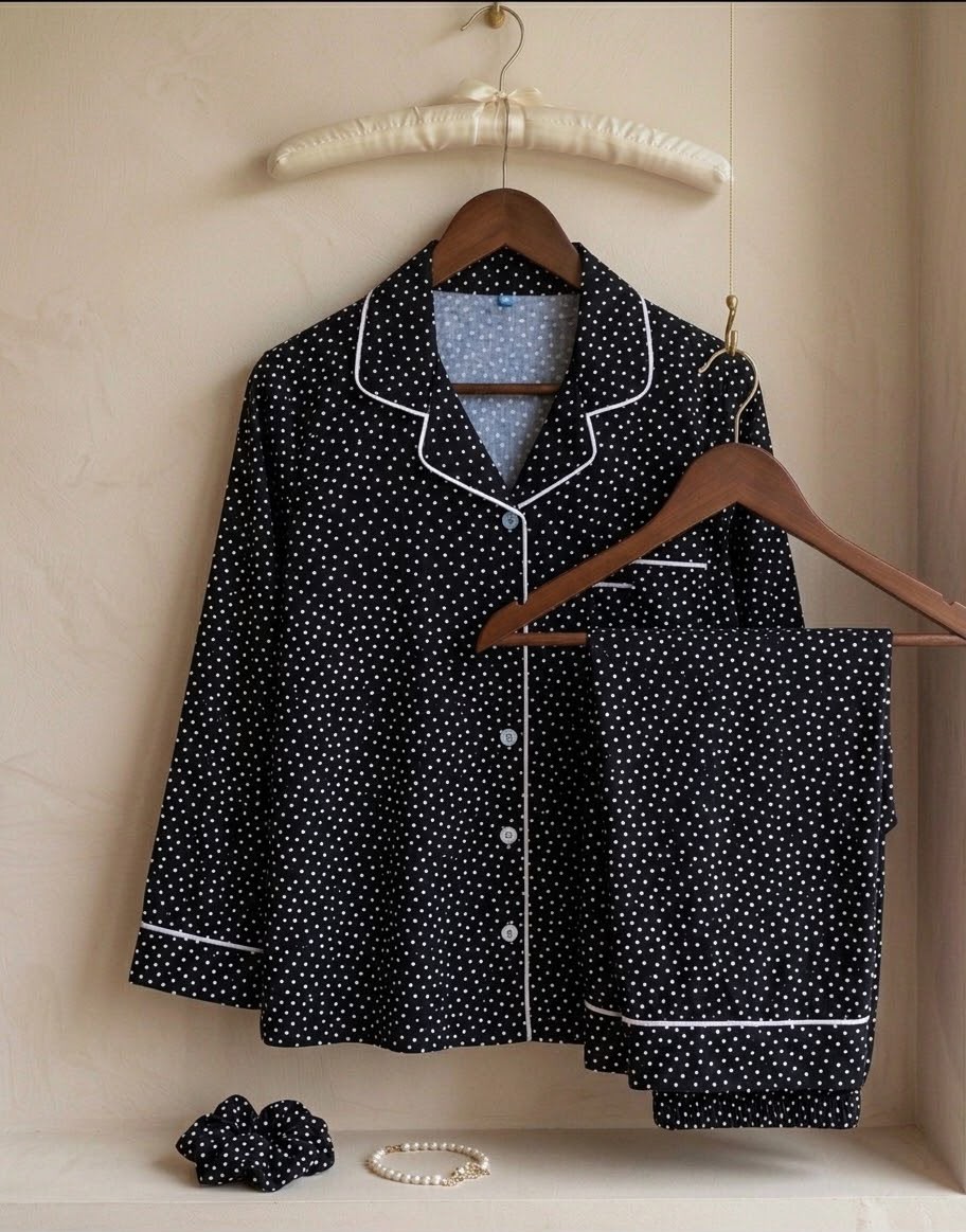 Womens Polka Dot Pajama Set Linen Blend Nightwear Long Sleeve Sleepwear S/M/L Womens Polka Dot Pajama Set Linen Blend Nightwear Long Sleeve Sleepwear S/M/L