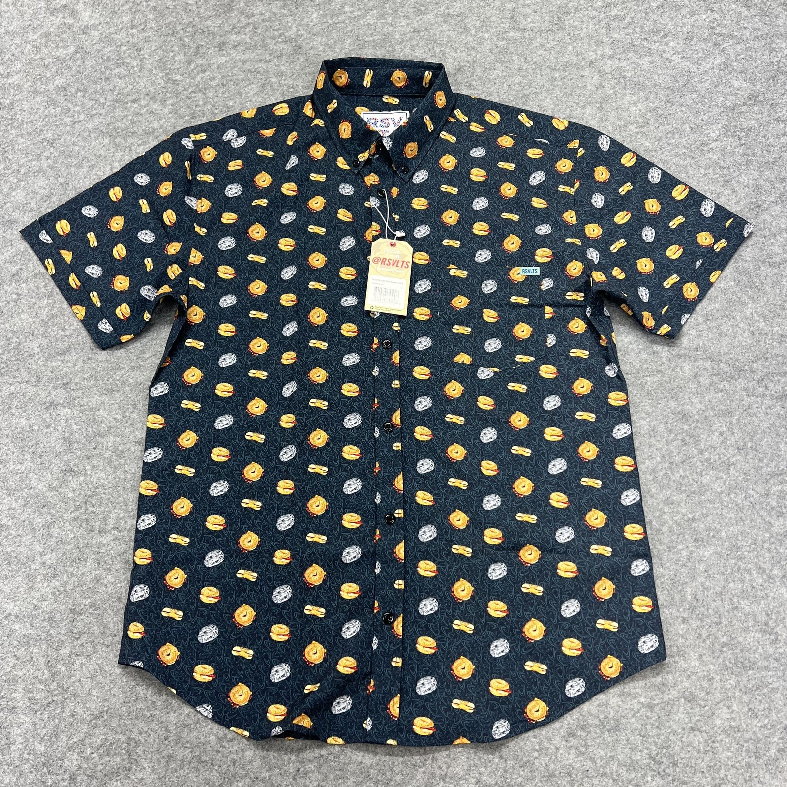 RSVLTS Shirt Mens Large Blue KUNUFLEX Little Things BEC Breakfast Print Bagels
