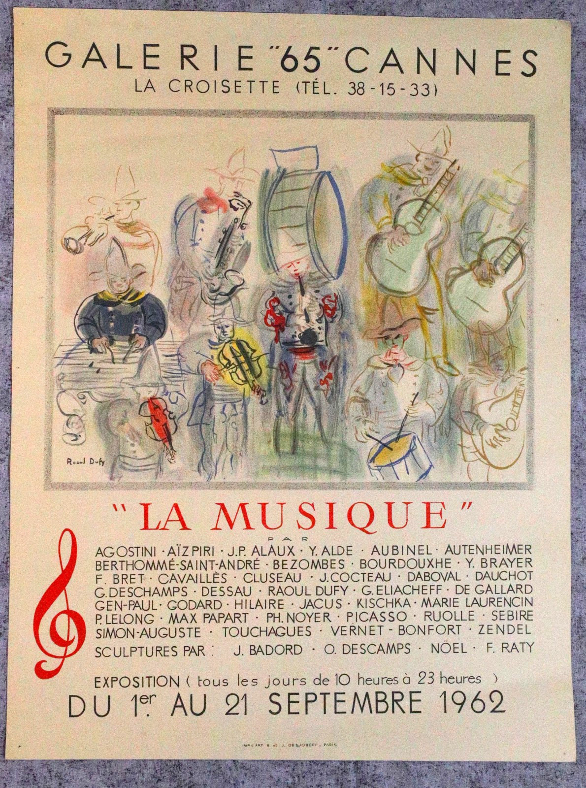 [93-4] Poster 20x26.5, Raoul Dufy, Exhib. Galerie 65 Cannes 