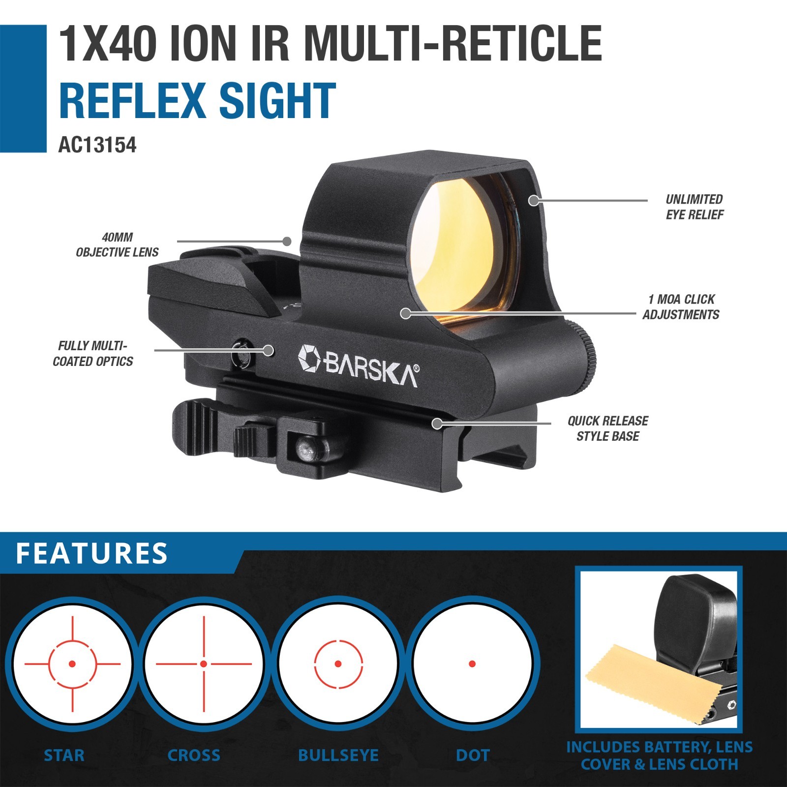 Barska 1x 40mm Quick Release Reflex Electro Sight Red ION IR Dot 4 Reticle Type Barska 1x 40mm Quick Release Reflex Electro Sight Red ION IR Dot 4 Reticle Type