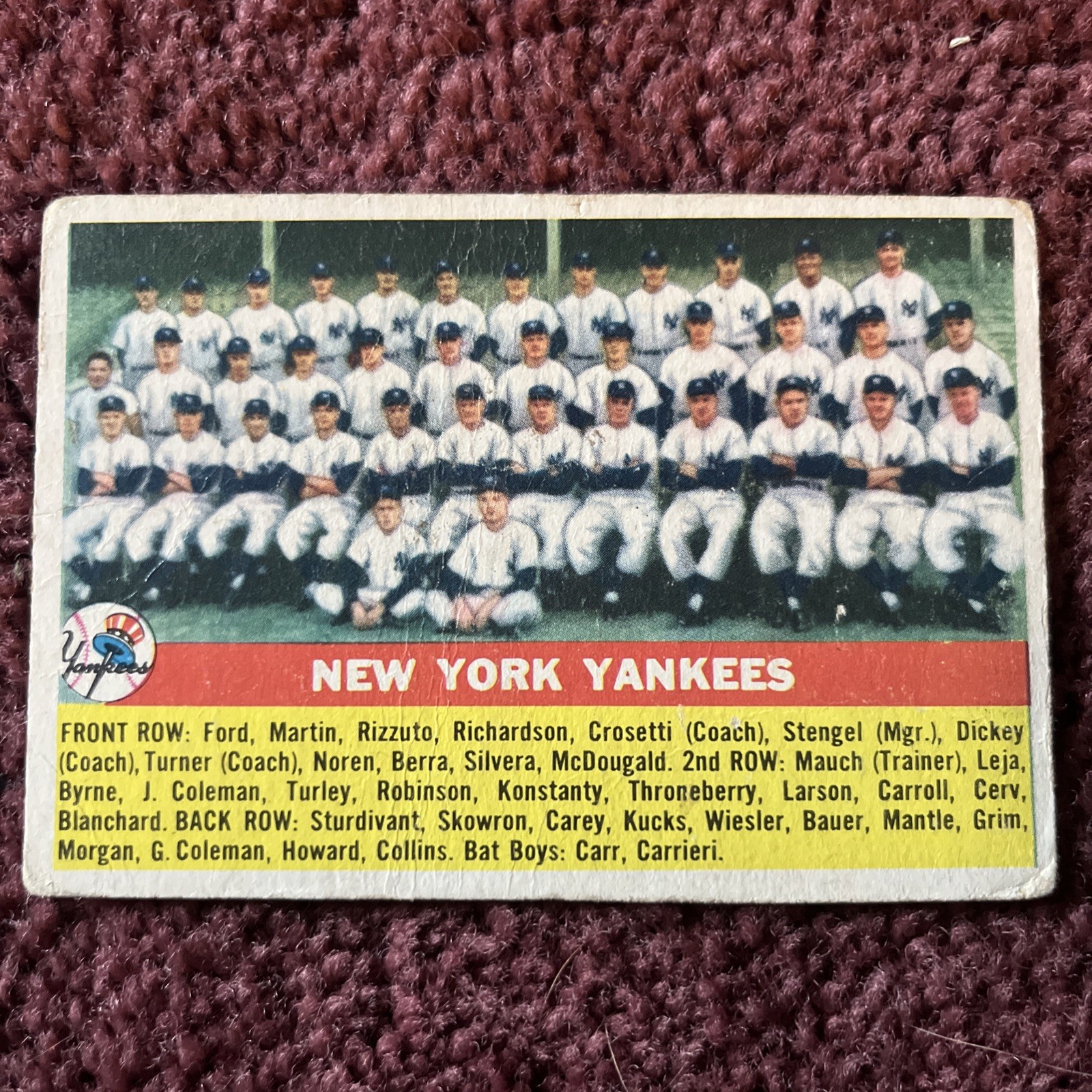 1956 Topps New York Yankees Team Card #251 GOOD/VG MANTLE FORD BERRA 1956 Topps New York Yankees Team Card #251 GOOD/VG MANTLE FORD BERRA