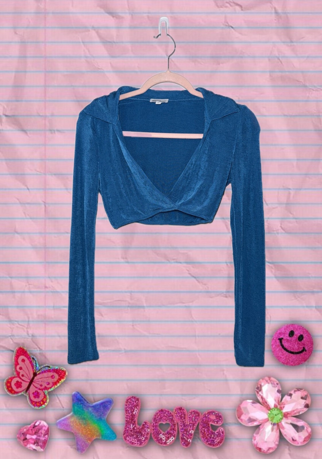 Superdown Shimmering Metallic Blue V-Neck Crop Top NWT Y2K