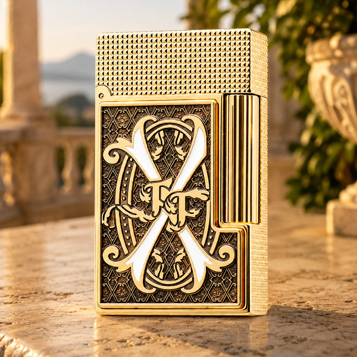 S.T. DUPONT Fuente Double Flame White V Emblem Gold Ligne 2 Lighter S.T. DUPONT Fuente Double Flame White V Emblem Gold Ligne 2 Lighter