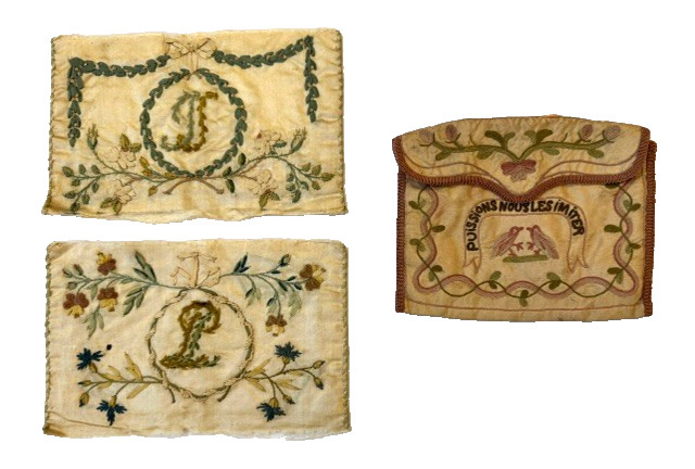 Antique French Needlework Lot: 2 18th C. Silk Panels & Revival Pouch Purse