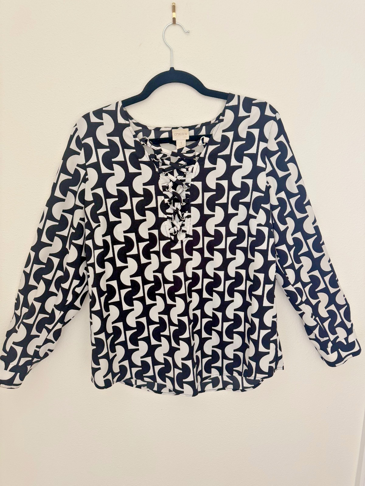 Chico’s Black & Ivory Geometric Lace-Up Blouse — Size 1
