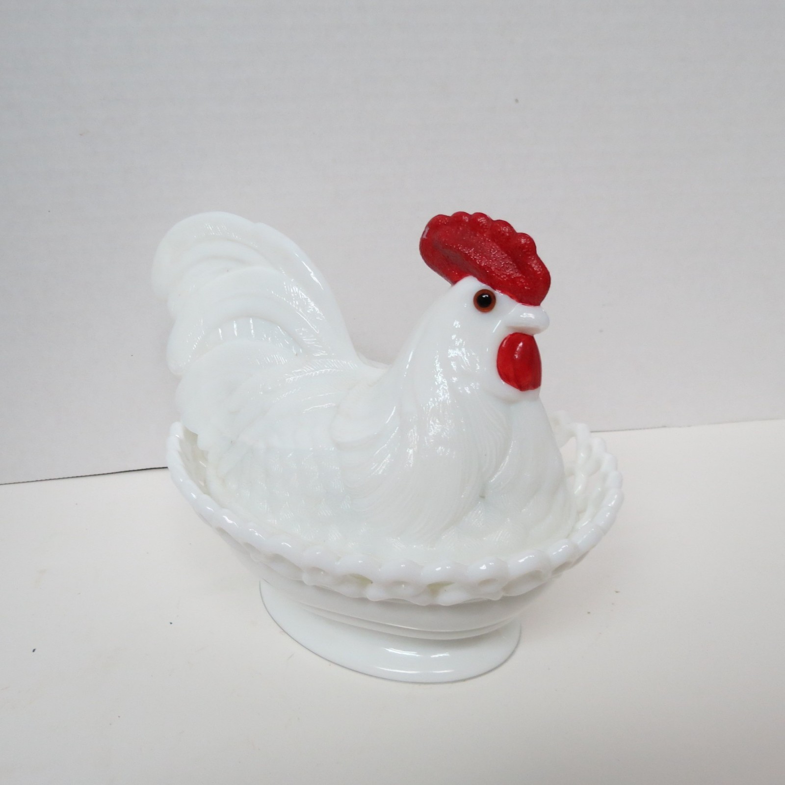 VTG Westmoreland Milk Glass Rooster Red Crown Dish Hen On Nest Split Tail Lacy