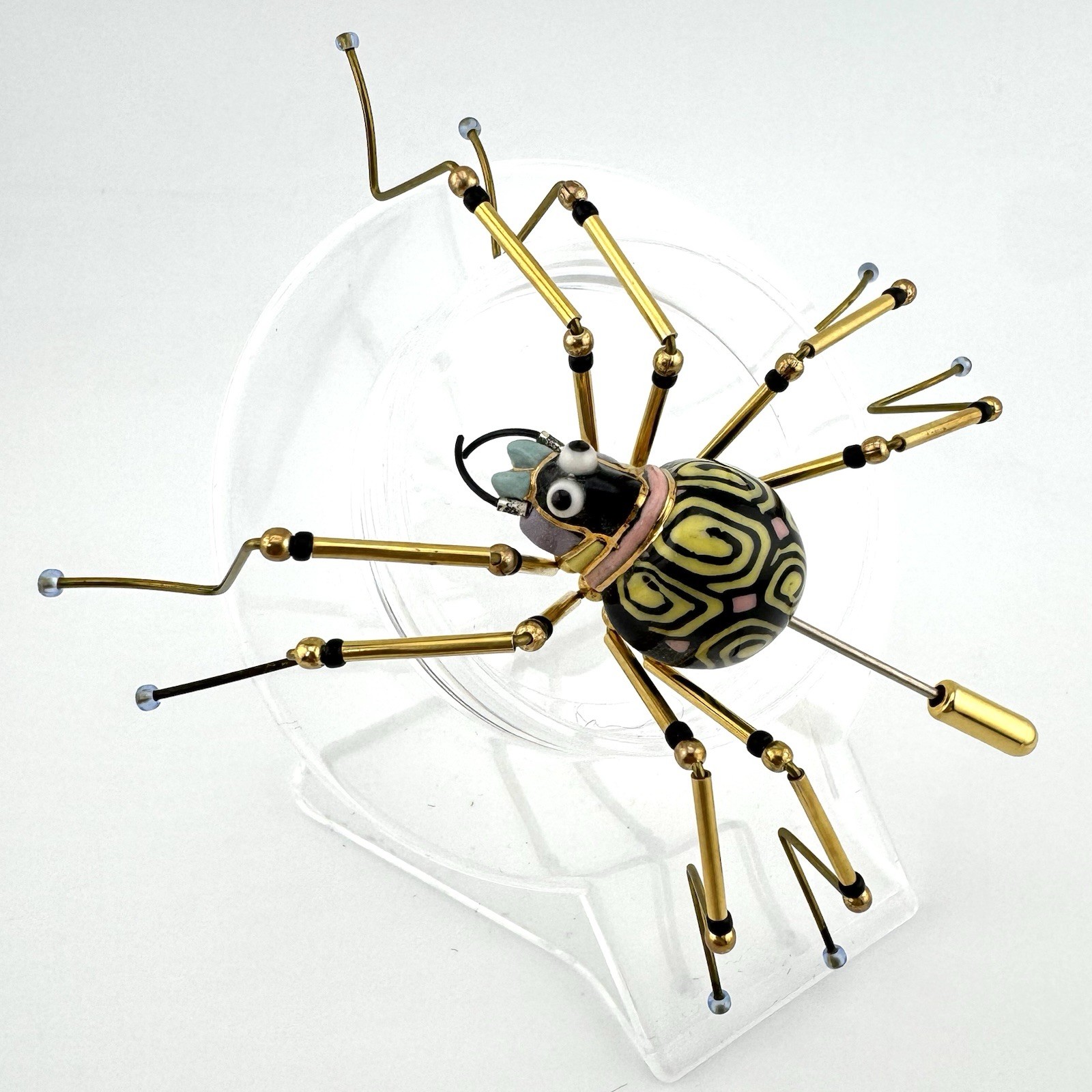 Vintage Cynthia Chuang Yellow Swirl Ceramic Gold Tone Stick Pin Spider Brooch