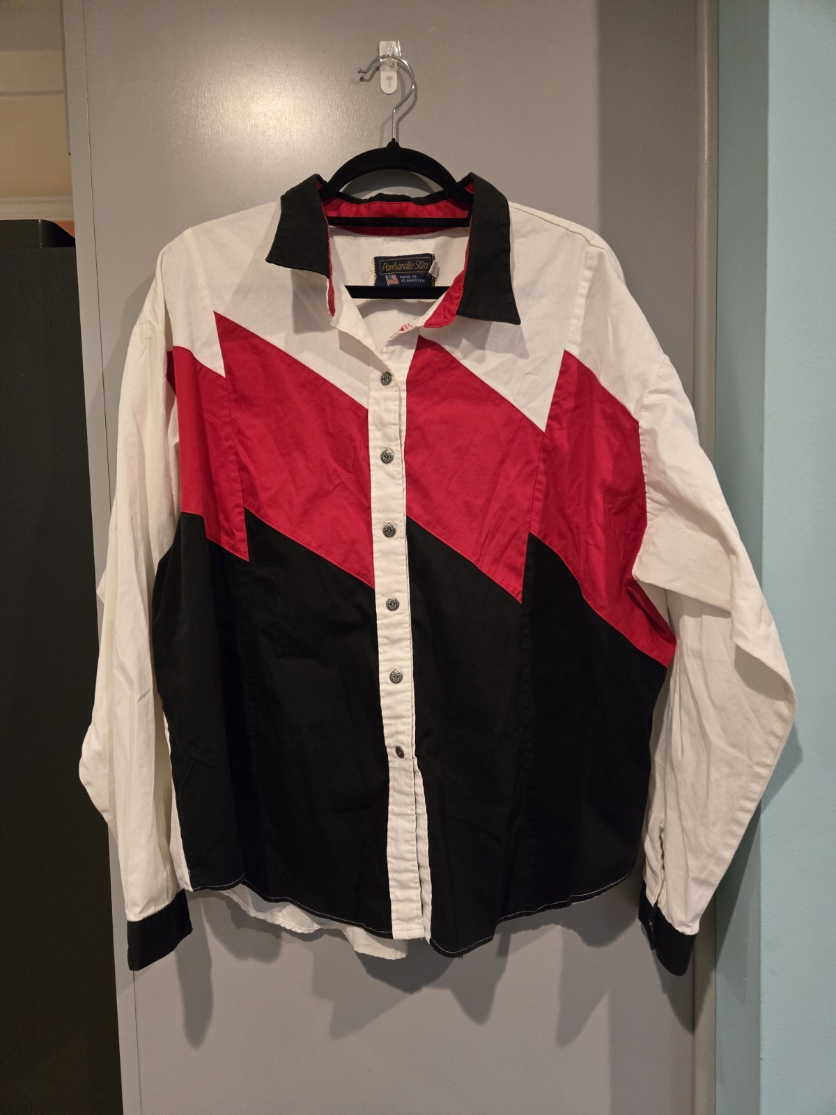 Vintage Shirt Panhandle Slim Cowboy Western Black, White Red, Pit To Pit 26.5=XL Vintage Shirt Panhandle Slim Cowboy Western Black, White Red, Pit To Pit 26.5=XL
