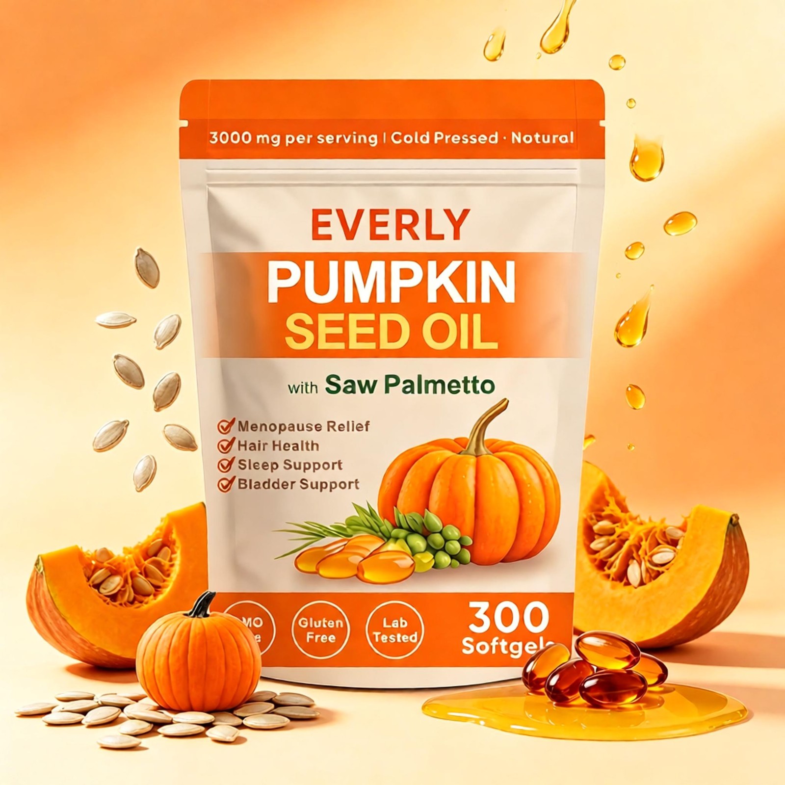 Everly Pumpkin Seed Oil with Saw Palmetto, 300 Softgels, Cold Pressed Pumpkin Se