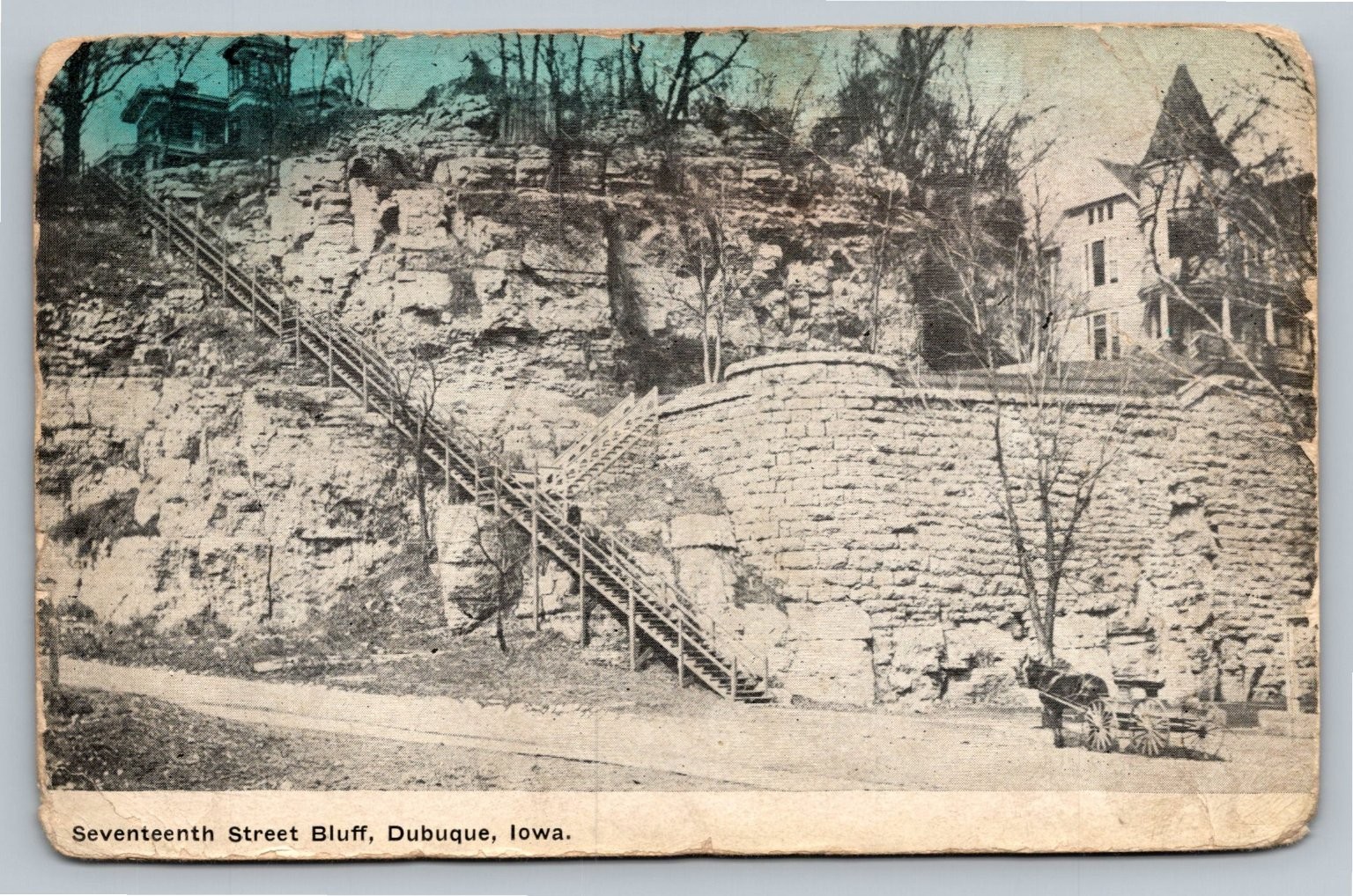 1910 Dubuque Iowa 17th Street Bluff Steps Horse Carriage Tinted Postcard 1910 Dubuque Iowa 17th Street Bluff Steps Horse Carriage Tinted Postcard