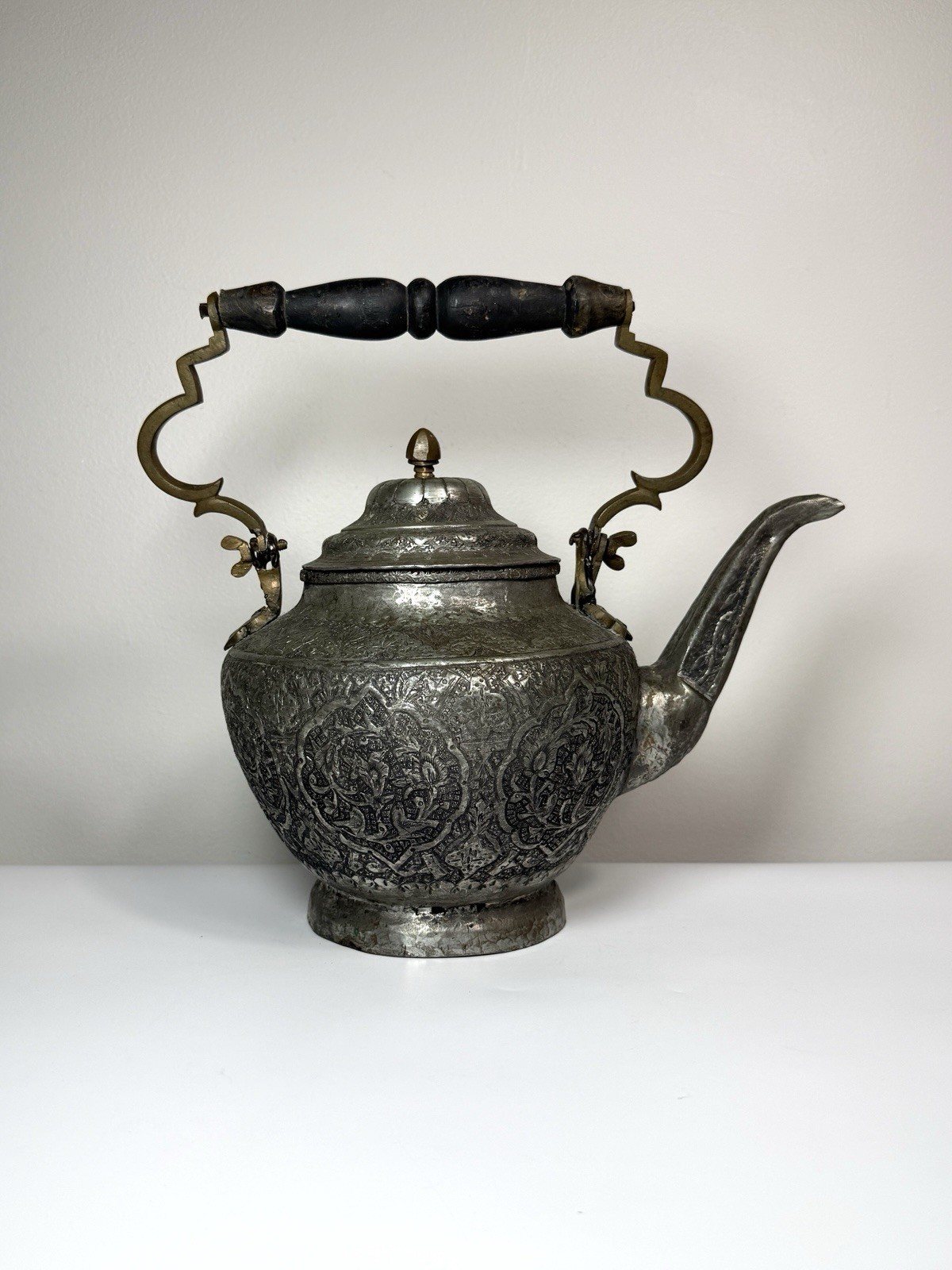 19th C. Persian Qajar Tinned Copper Kettle Engraved Birds Brass Wood Handle 13”