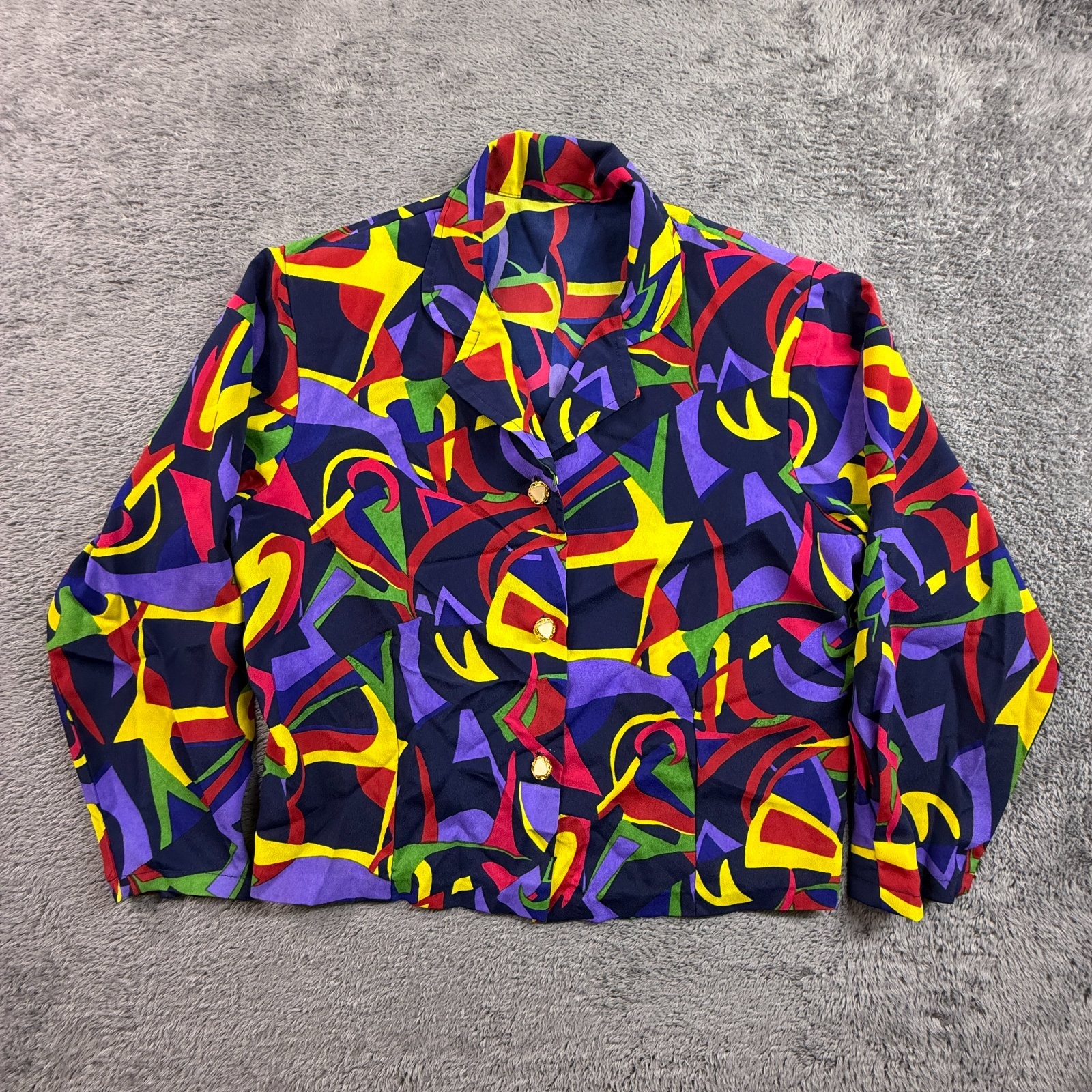 Vintage 80s Womens Abstract Geometric Button Up Jacket Top Art to Wear M