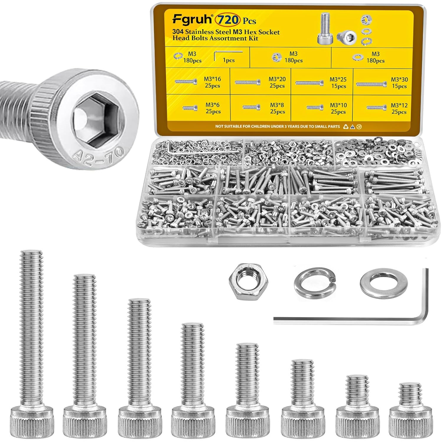 720Pcs M3 Screws Assortment Kit, Hex Socket Head Cap Bolts, Nuts & Washers Assor 720Pcs M3 Screws Assortment Kit, Hex Socket Head Cap Bolts, Nuts & Washers Assor
