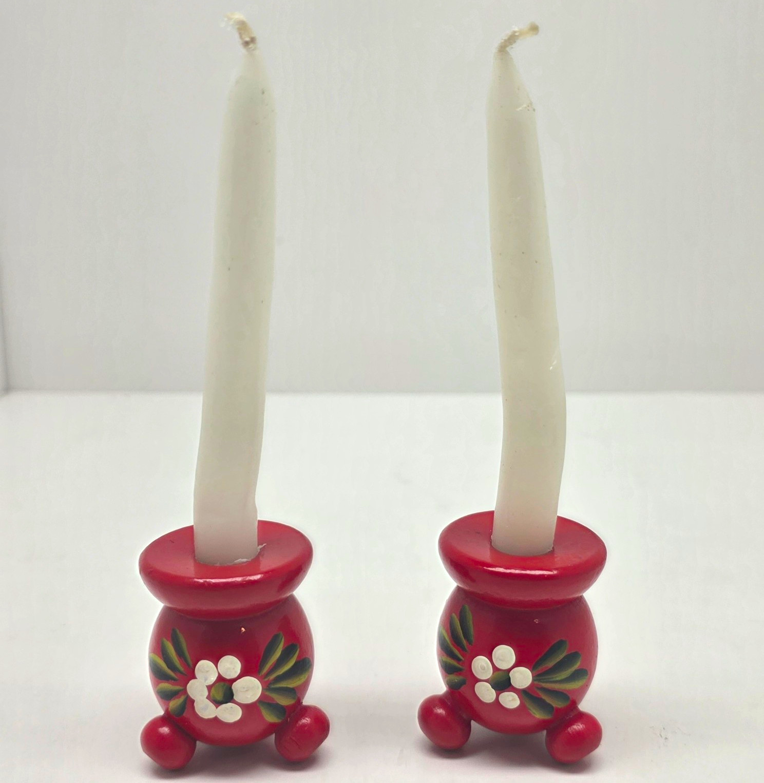 Vintage Swedish Wood Candle Holders Pair Red Hand Painted Floral Folk Art Sweden