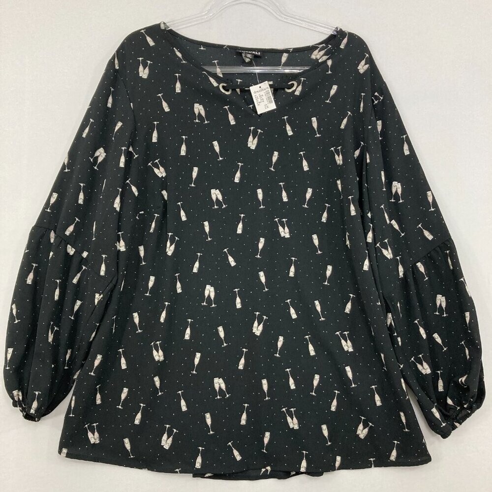 New Roz & Ali Dressbarn size 2X Black Tan Novelty Print Puff Sleeve Blouse New Roz & Ali Dressbarn size 2X Black Tan Novelty Print Puff Sleeve Blouse