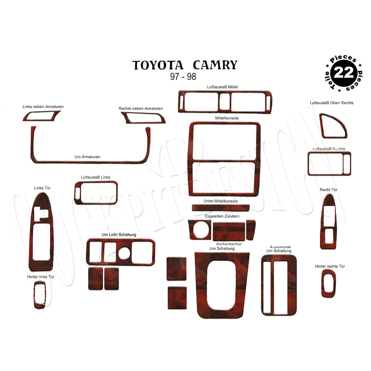 Toyota Camry 1997-1999 22Pcs Fit Interior Dash Trim Cover Kit Wood Toyota Camry 1997-1999 22Pcs Fit Interior Dash Trim Cover Kit Wood