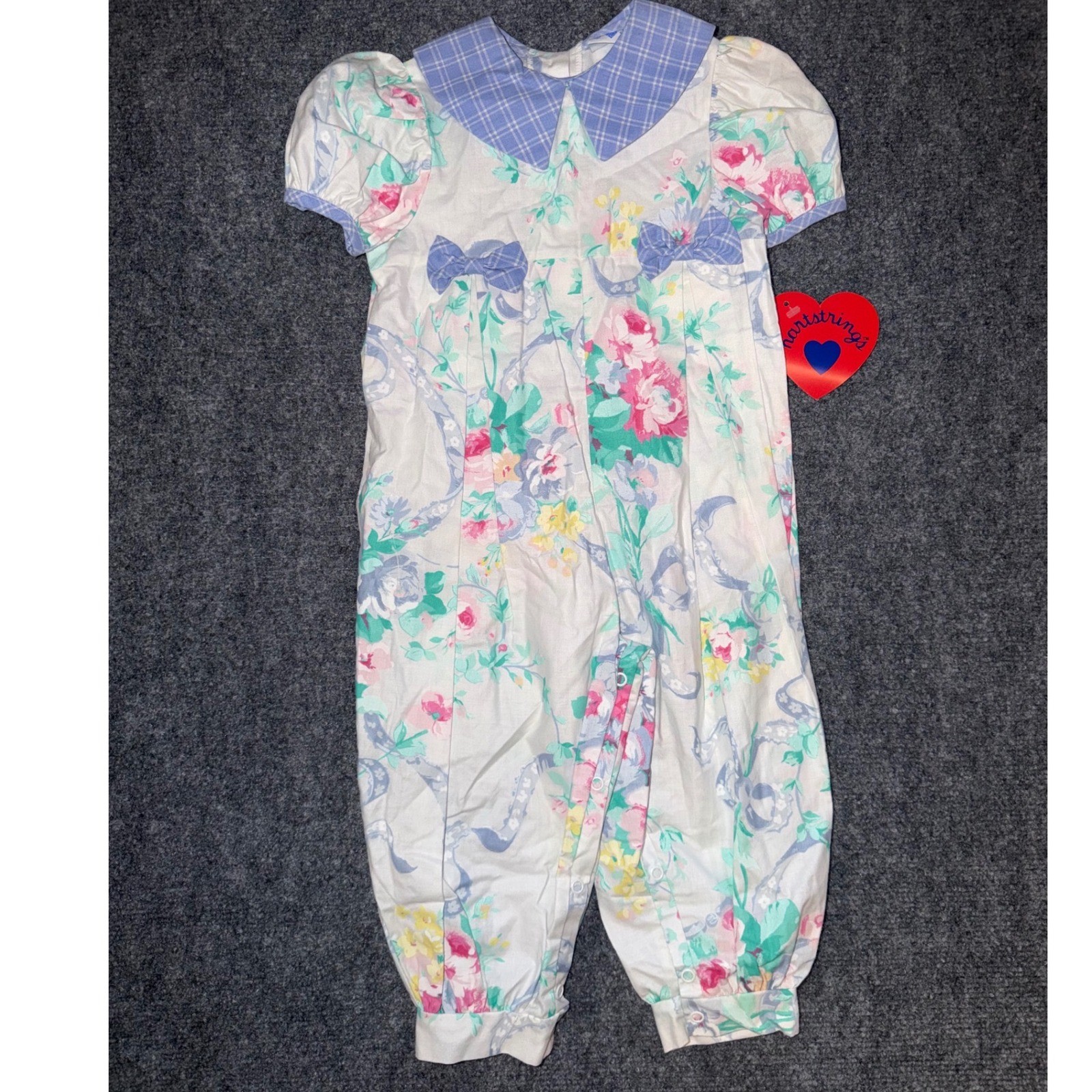 Vintage Hartstrings Toddler Girls Floral Romper Plaid Collar White Blue 2T NWT Vintage Hartstrings Toddler Girls Floral Romper Plaid Collar White Blue 2T NWT