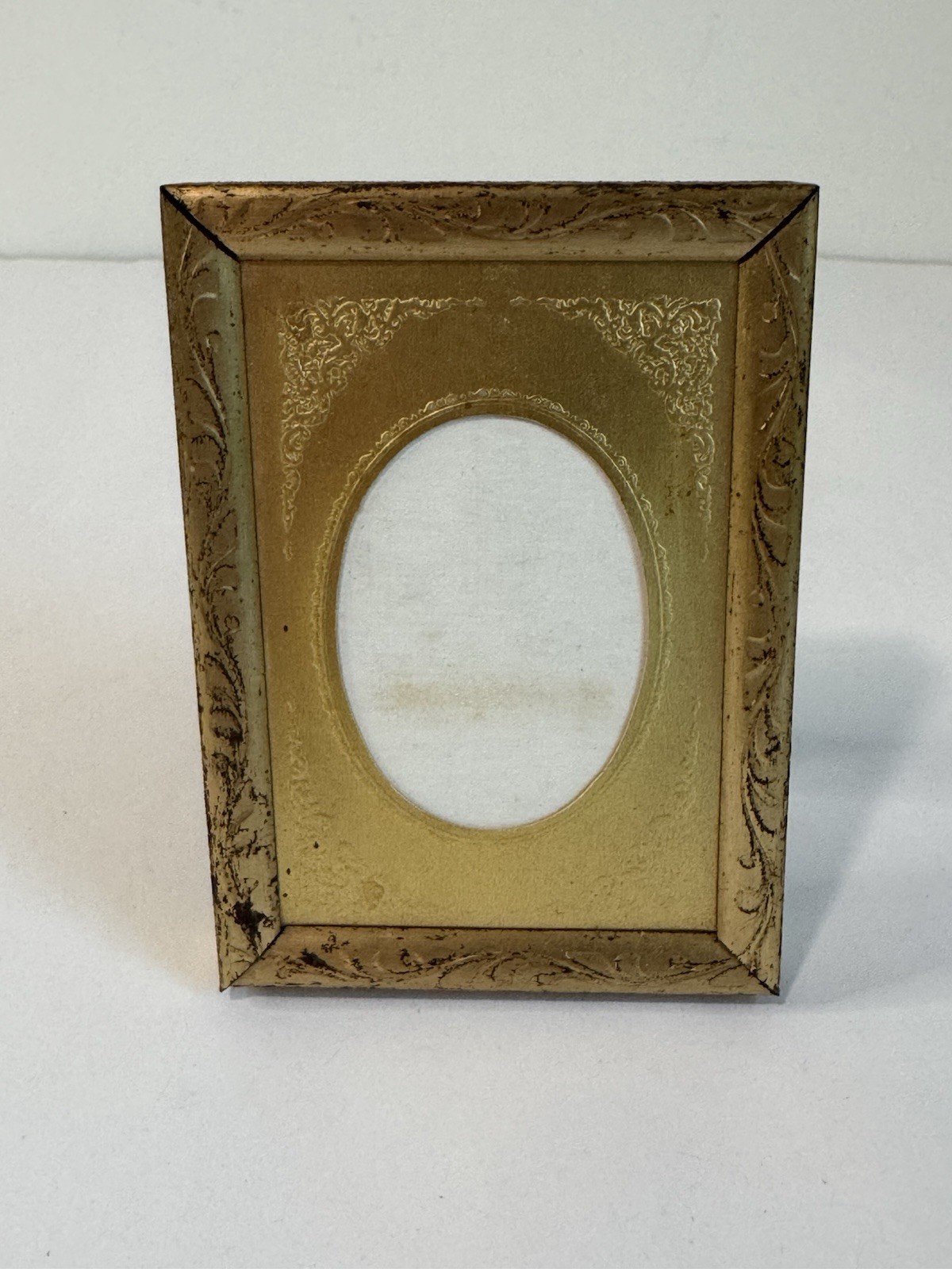 Vintage Mini Gold Tone Picture Frame Oval Portrait Easel Back Ornate Victorian