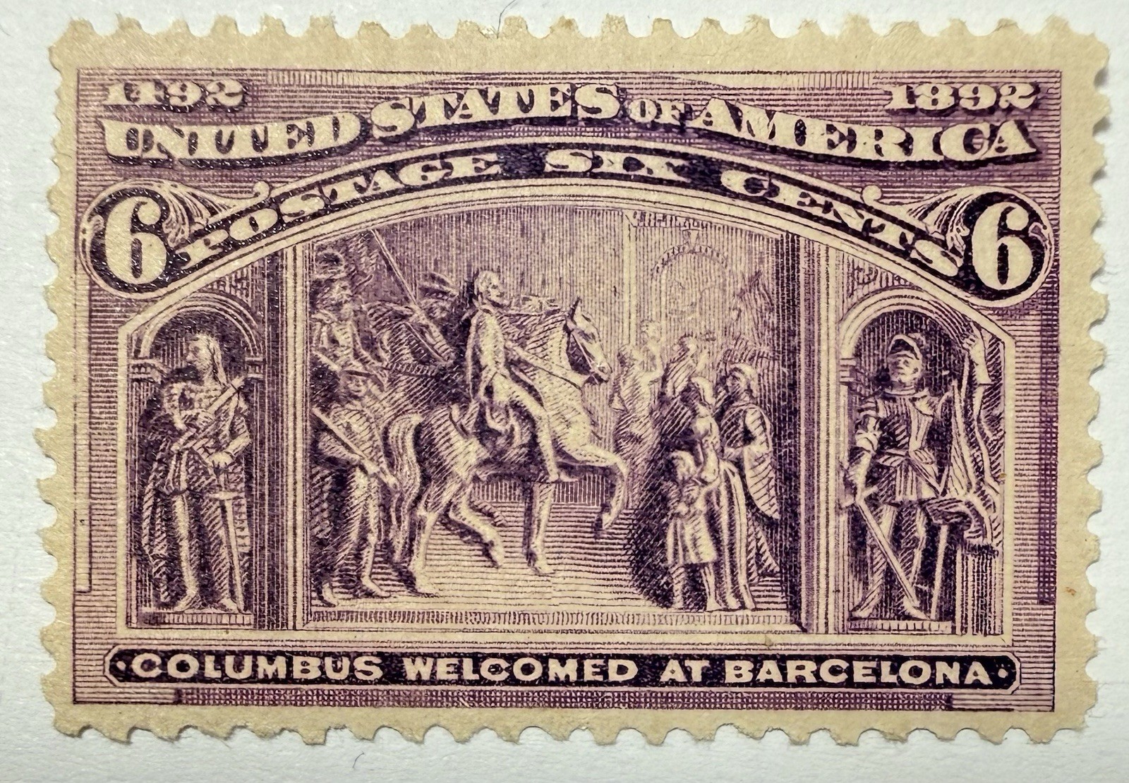 US #235a 1893 6c red violet “Columbus at Barcelona” *pink back*, MLH/VF;$130 SCV US #235a 1893 6c red violet “Columbus at Barcelona” *pink back*, MLH/VF;$130 SCV