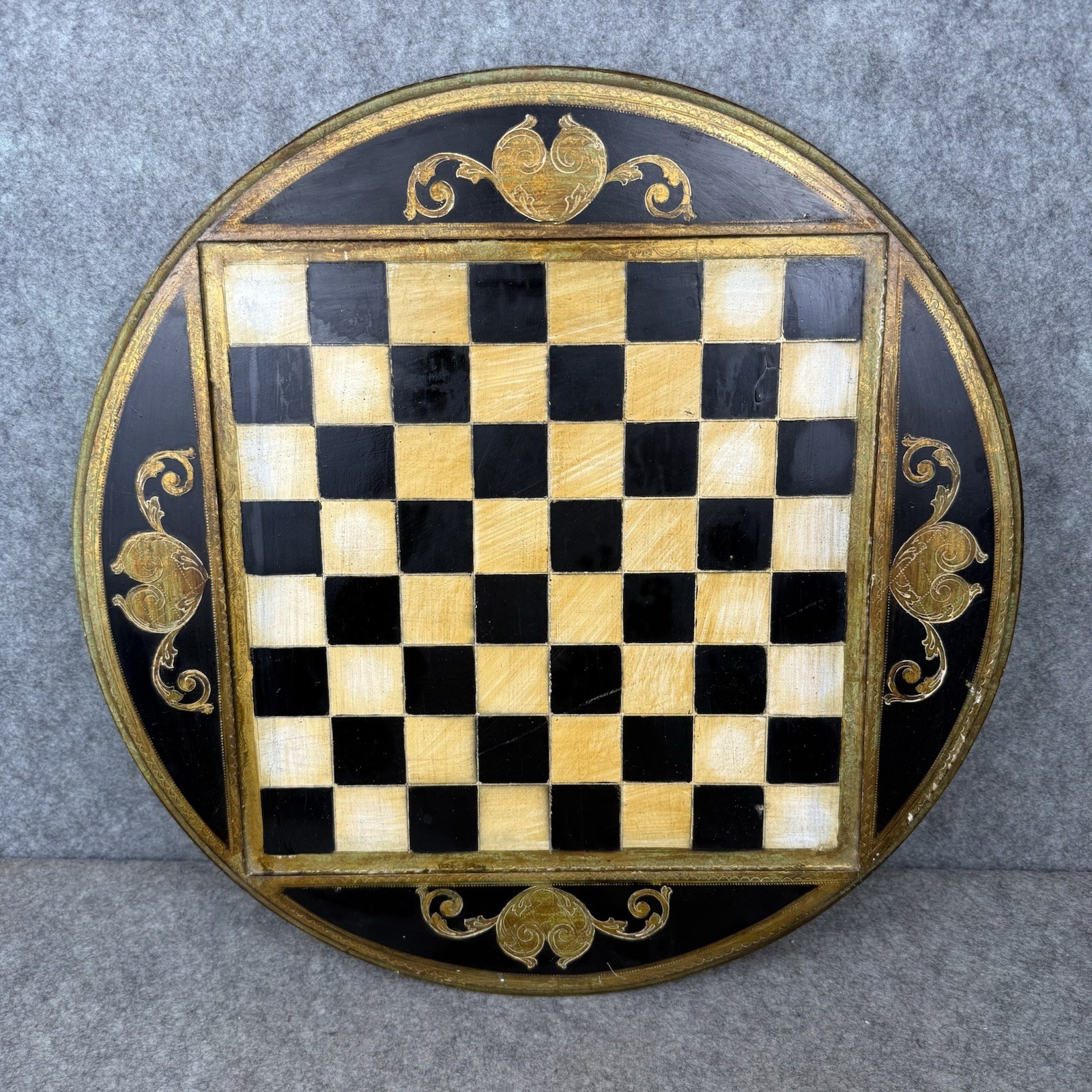 Antique Round Wood Checkers Board Game Made In Italy Gilted Details Antique Round Wood Checkers Board Game Made In Italy Gilted Details