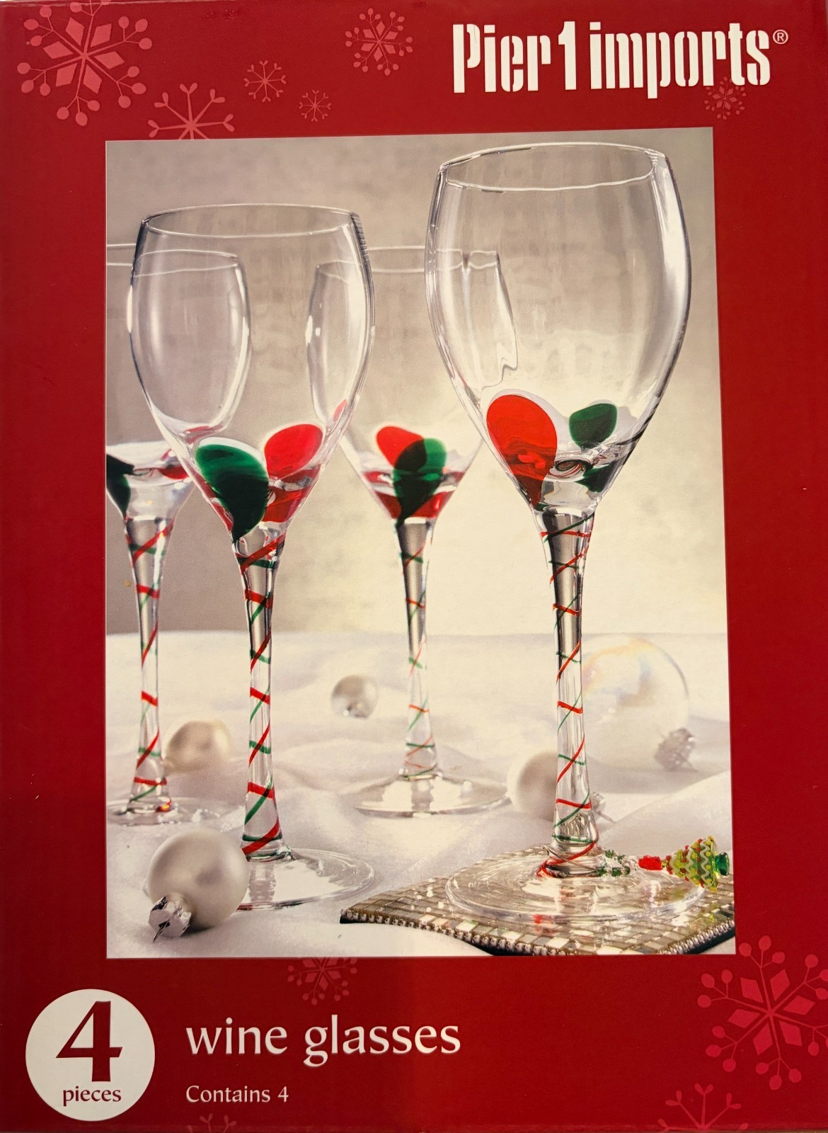 Pier One Christmas Clear Wine Glasses Red/ Green Swirl 9 1/8\
