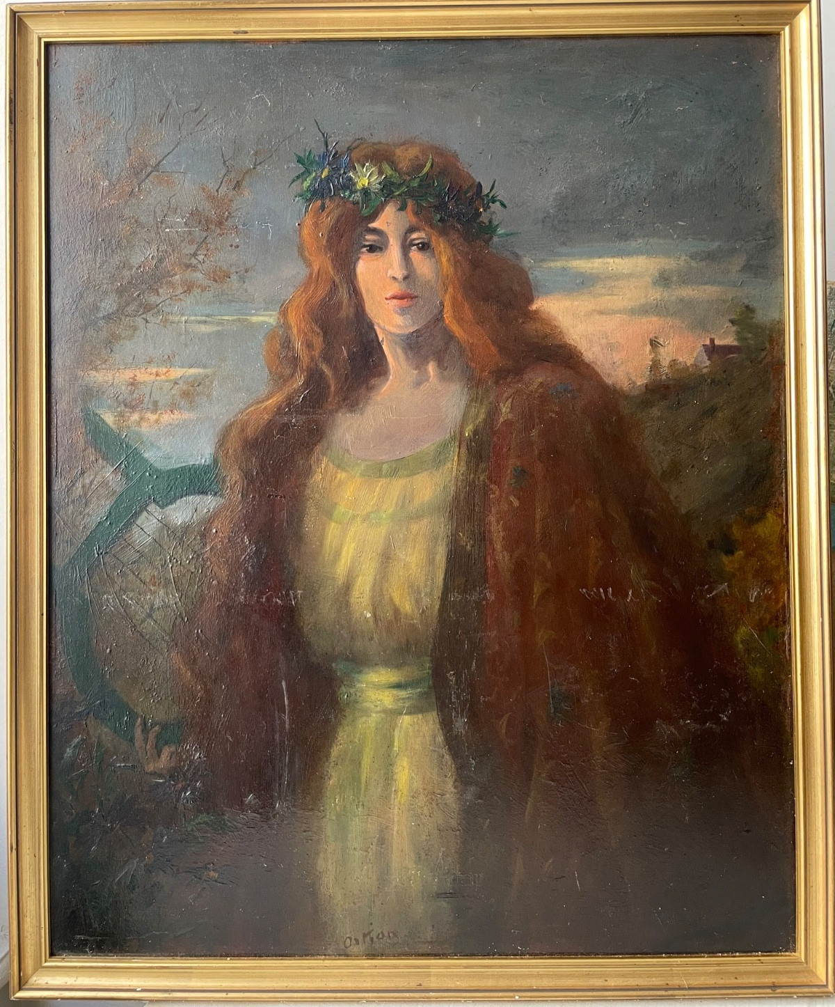 Allegory of Music - Oil Painting Signed - Young Woman with a Lyre in a Landscape