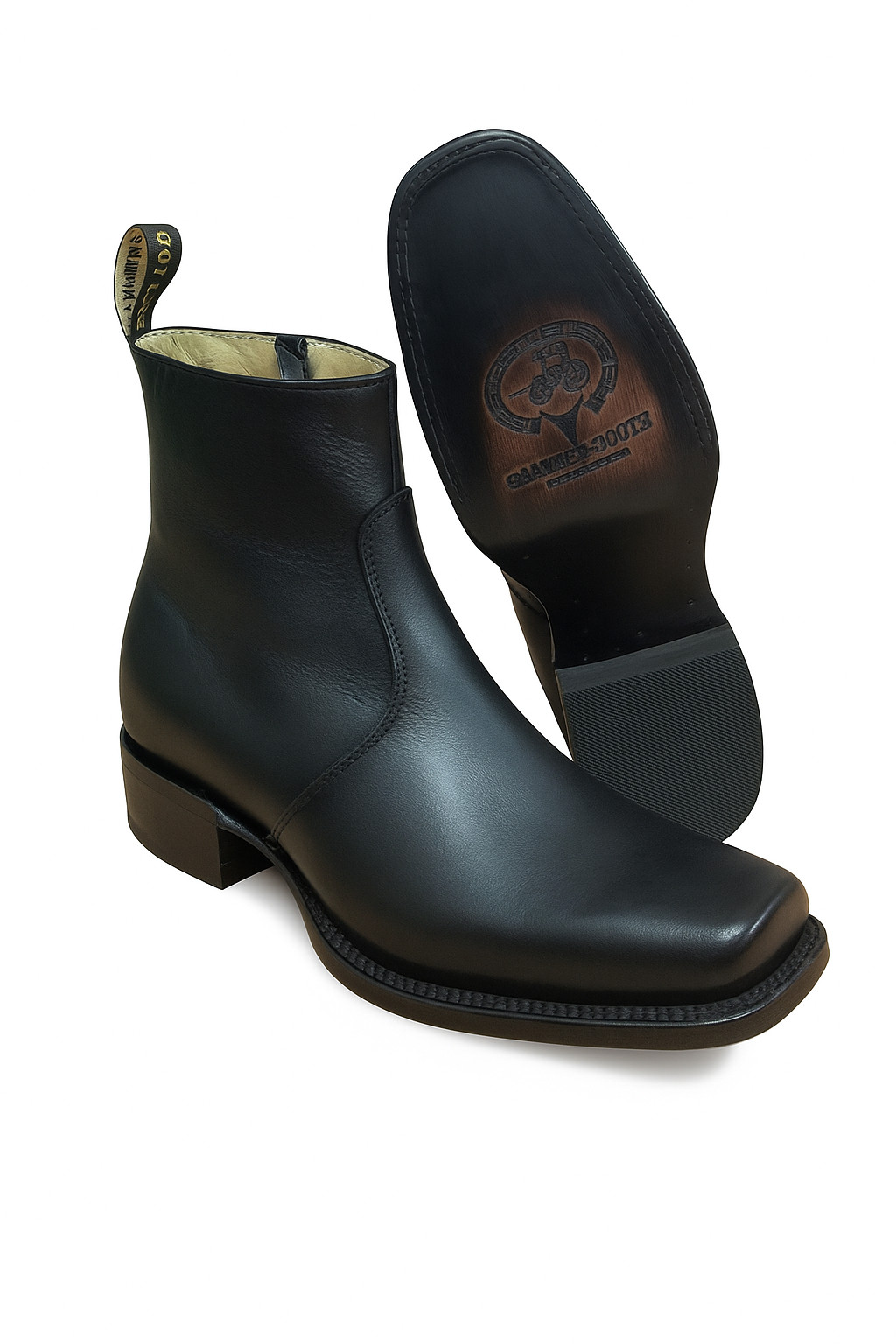 Men's Western Cowboy Square Toe Black Mexican Leather Ankle Boot with Zipper 266