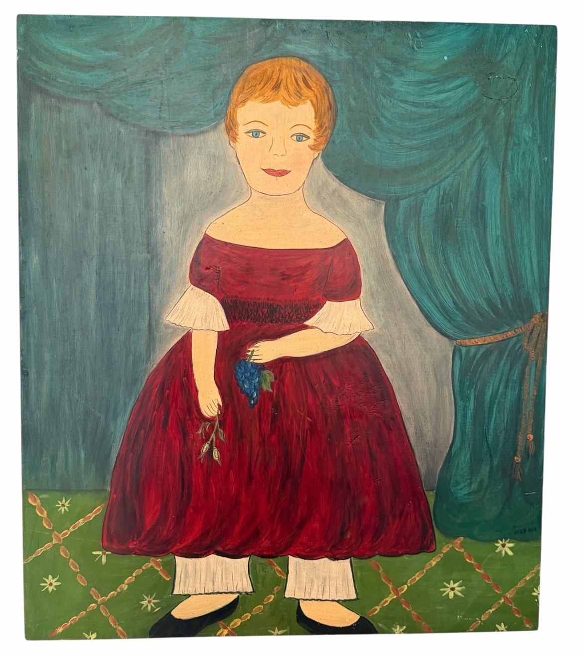 Original Oil On Board Mid-Century American Folk Art Portrait 19th Century Style Original Oil On Board Mid-Century American Folk Art Portrait 19th Century Style