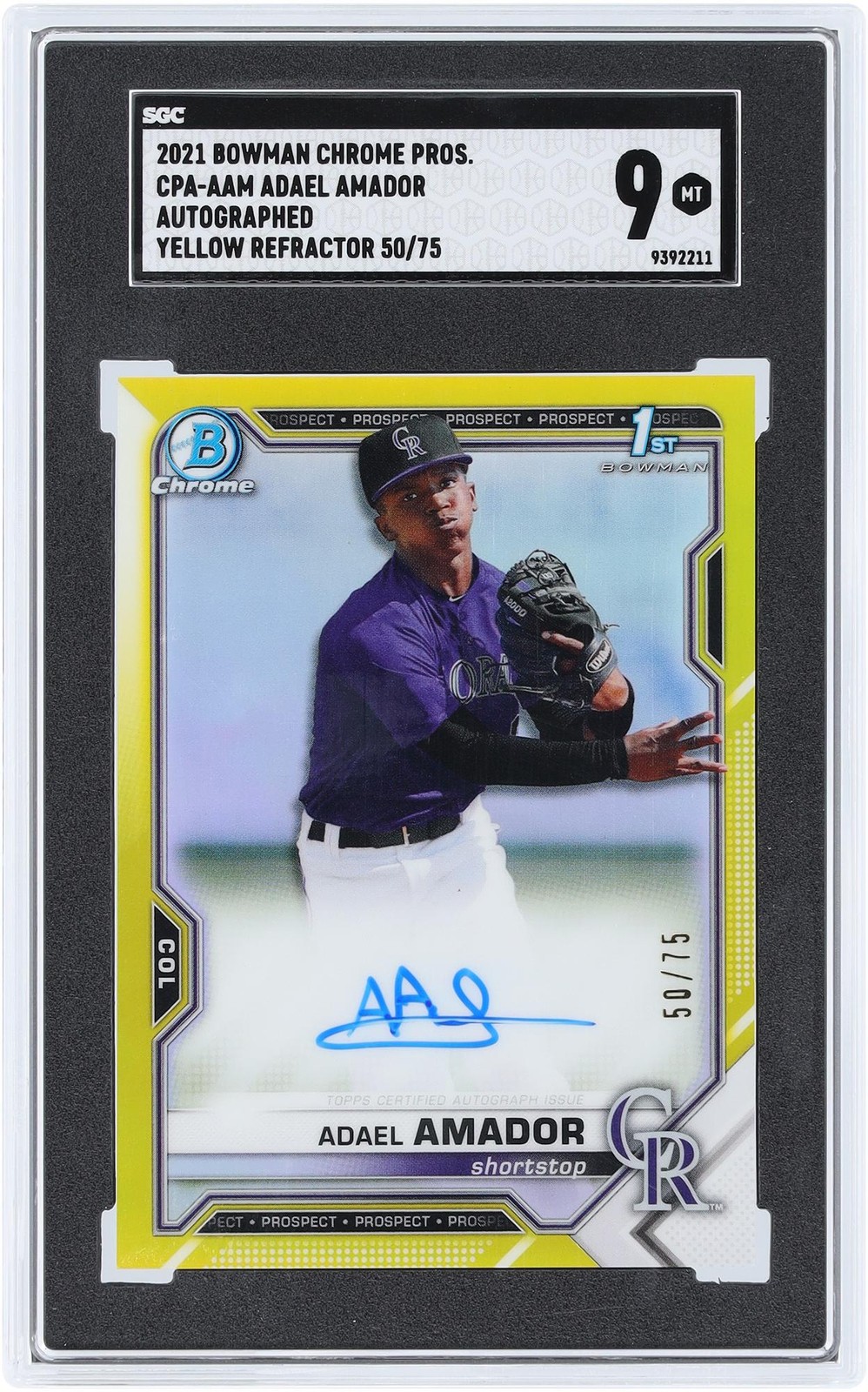 Adael Amador Rockies Signed 2021 Bowman Chrome Prospect CPA-AAM 50/75 SGC 9 Card Adael Amador Rockies Signed 2021 Bowman Chrome Prospect CPA-AAM 50/75 SGC 9 Card