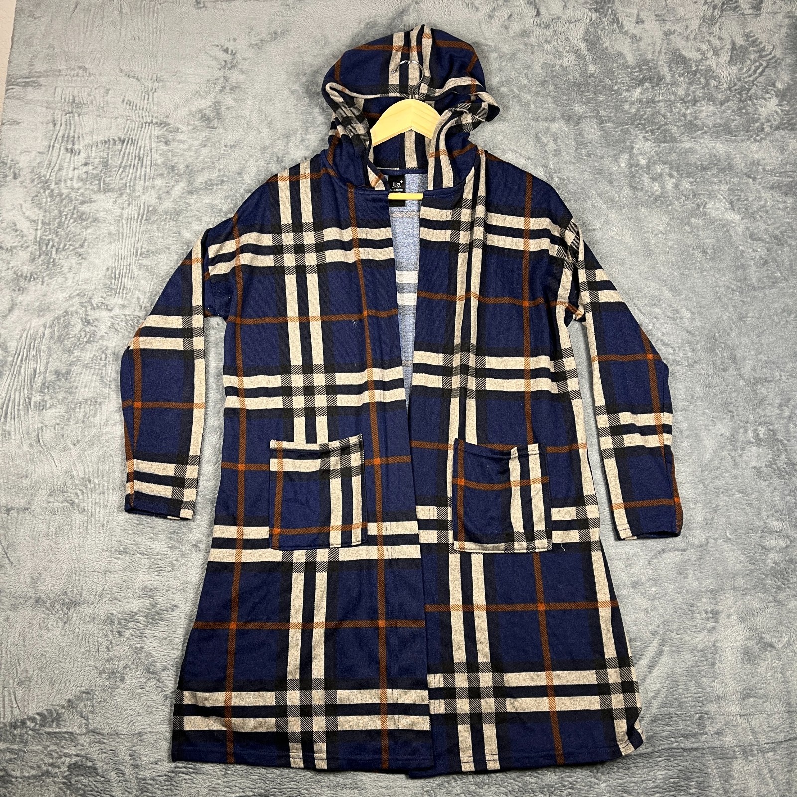 Lildy Printed Hooded Cardigan Sweater Womens Small Medium Multicolor Plaid Knit Lildy Printed Hooded Cardigan Sweater Womens Small Medium Multicolor Plaid Knit