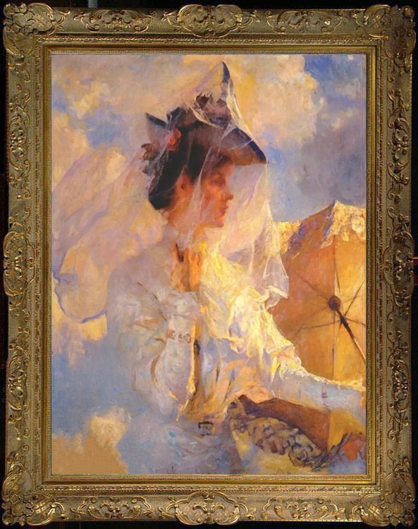 Hand Painted Classical Oil Painting Lady With Sun Parasol Art Vintage Style Hand Painted Classical Oil Painting Lady With Sun Parasol Art Vintage Style