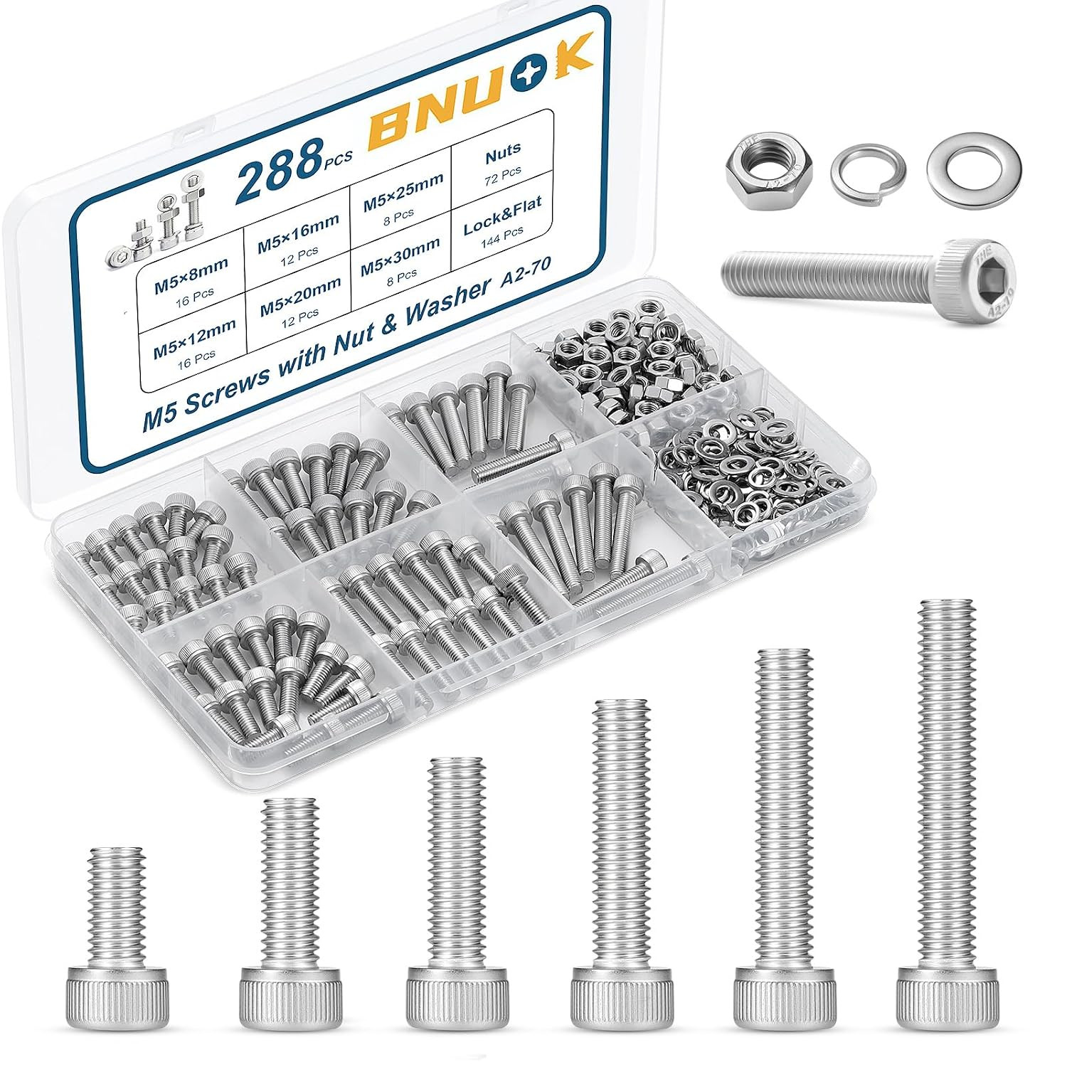 288 PCS M5 Screws Assortment Kit, 304 Stainless Steel M5 Bolts Kit, M5X