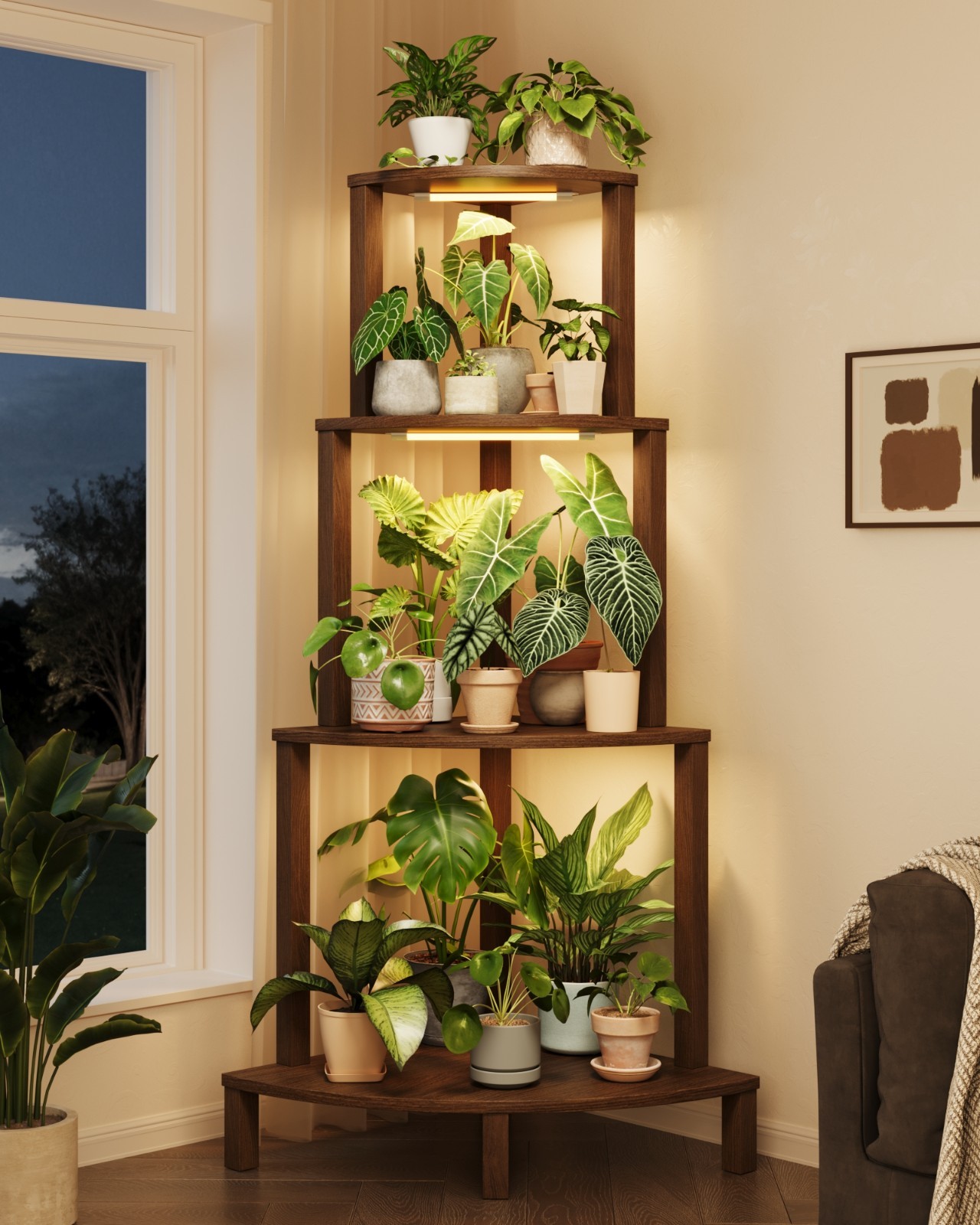 Bamworld Corner Plant Stand with Grow Lights 4-Tier Plant Stand Indoor Wood