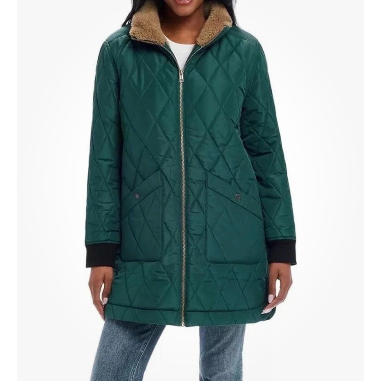NWT Weatherproof Vintage Quilted Sherpa Lined Barn Jacket Green Women Long Large