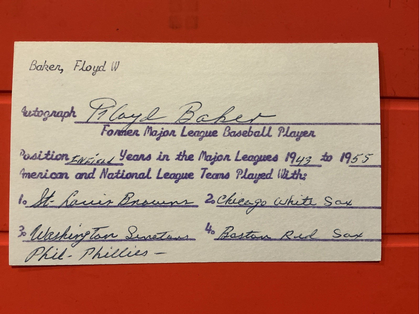 FLOYD BAKER 🔥🔥MLB Debut: 1943 ST LOUIS BROWNS 🔥🔥Autograph 🔥🔥 FLOYD BAKER 🔥🔥MLB Debut: 1943 ST LOUIS BROWNS 🔥🔥Autograph 🔥🔥