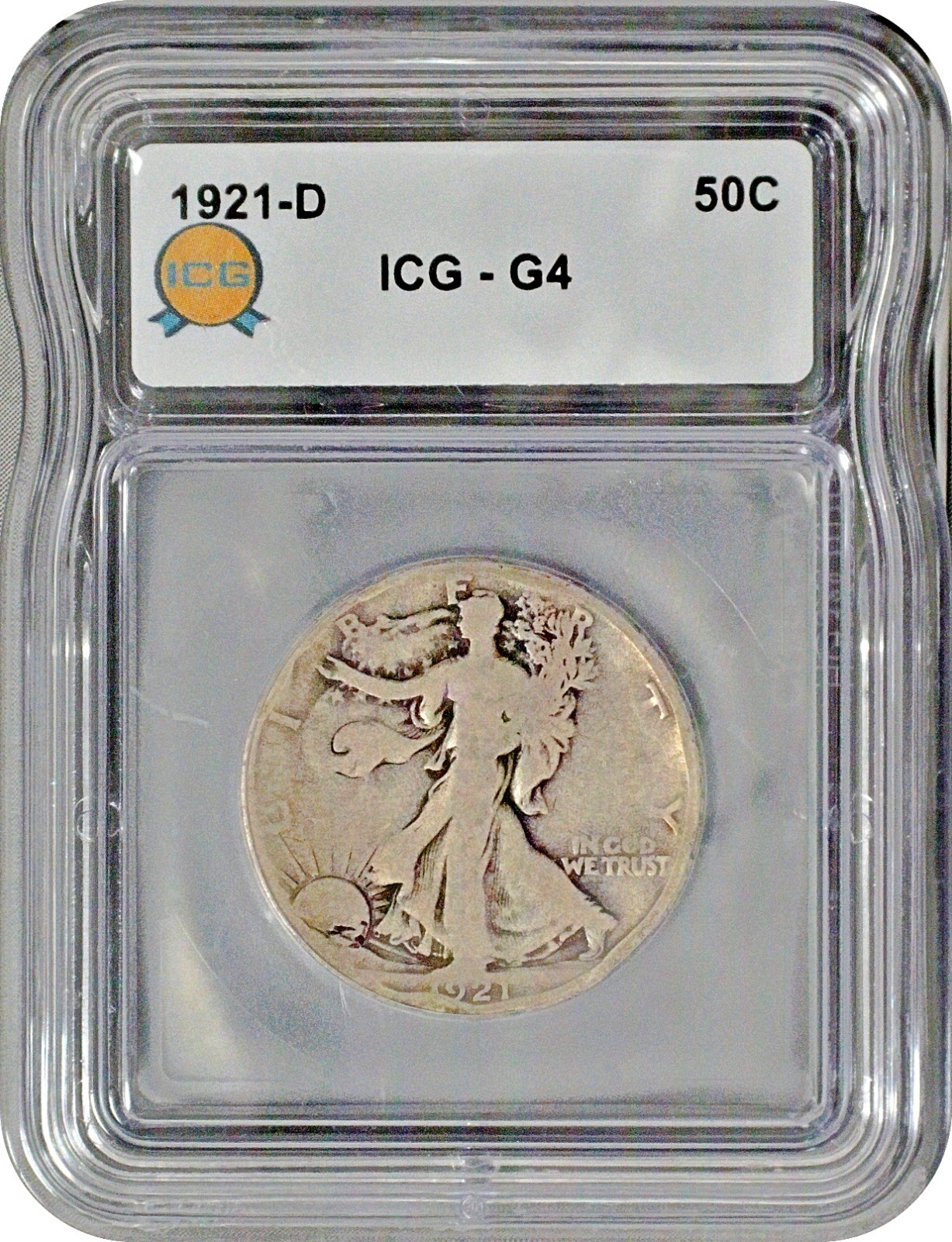 1921 D Walking Liberty Half Dollar 50C ICG G4 Good (Light Rim Damage) 1921 D Walking Liberty Half Dollar 50C ICG G4 Good (Light Rim Damage)