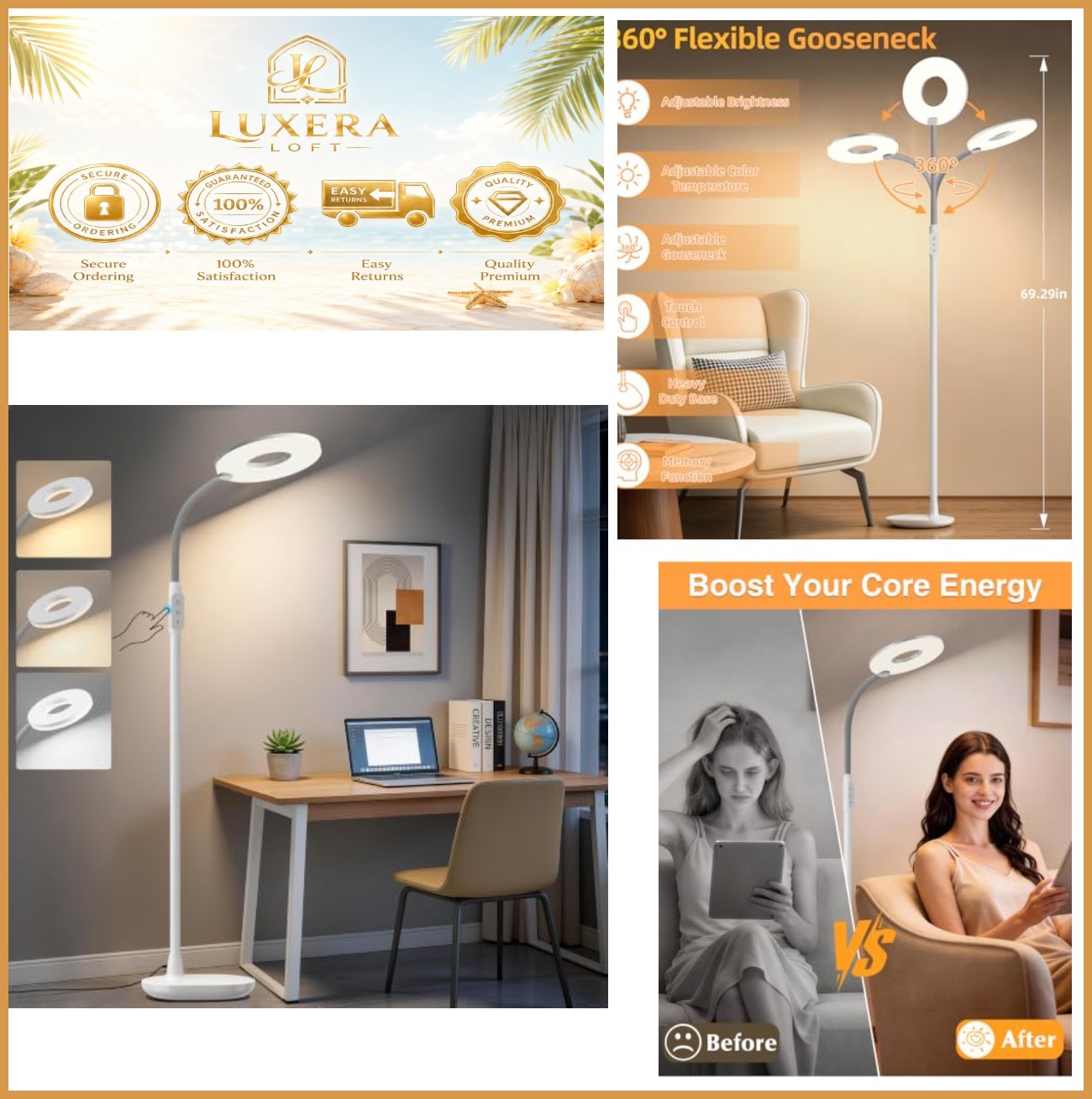 70in LED Floor Lamp Touch Control 3 Color Temp Dimmable Gooseneck Ring Light 70in LED Floor Lamp Touch Control 3 Color Temp Dimmable Gooseneck Ring Light