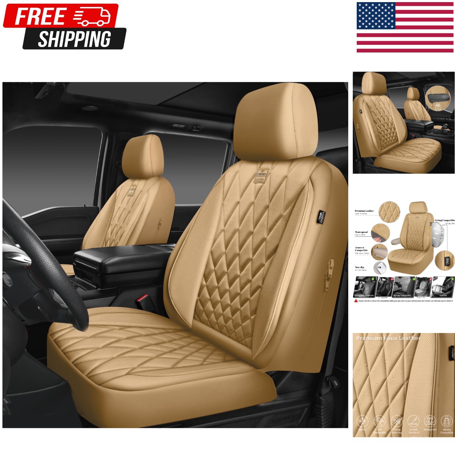 Piping Luxury PU Leather Two Front Car Seat Covers, Waterproof