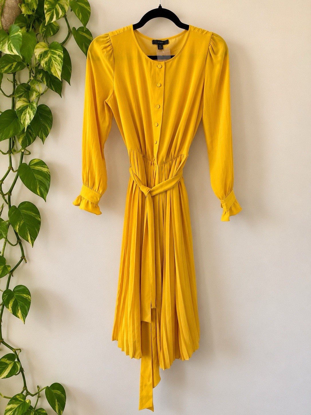 J.Crew Women’s Size 0 Yellow Pleated Midi Dress Puff Sleeve Belted NWT