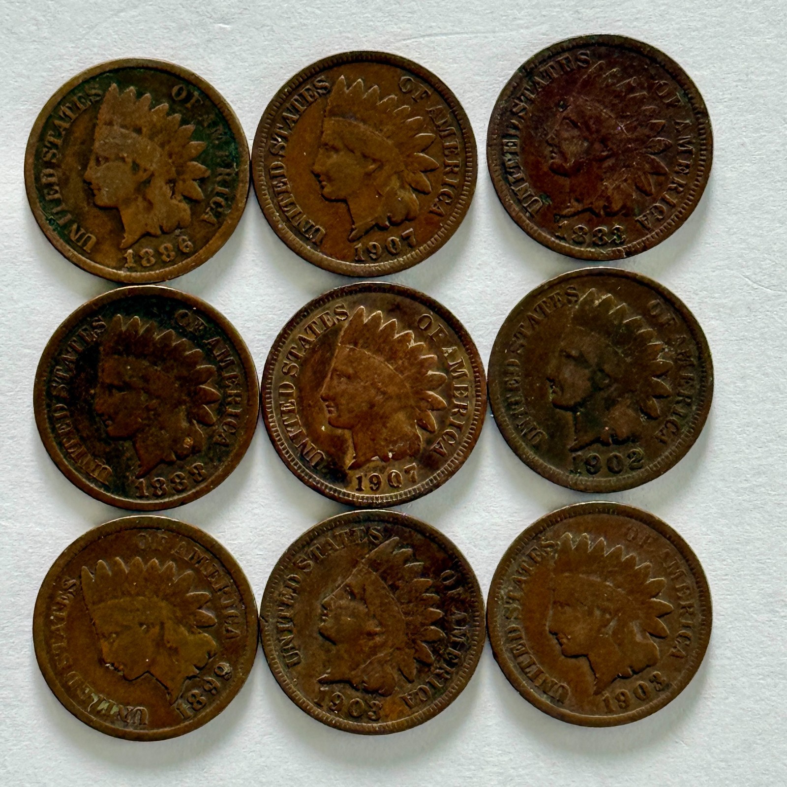 Lot of 9 Indian Head Cents 1883-1908 Antique US Pennies ***FREE SHIPPING***