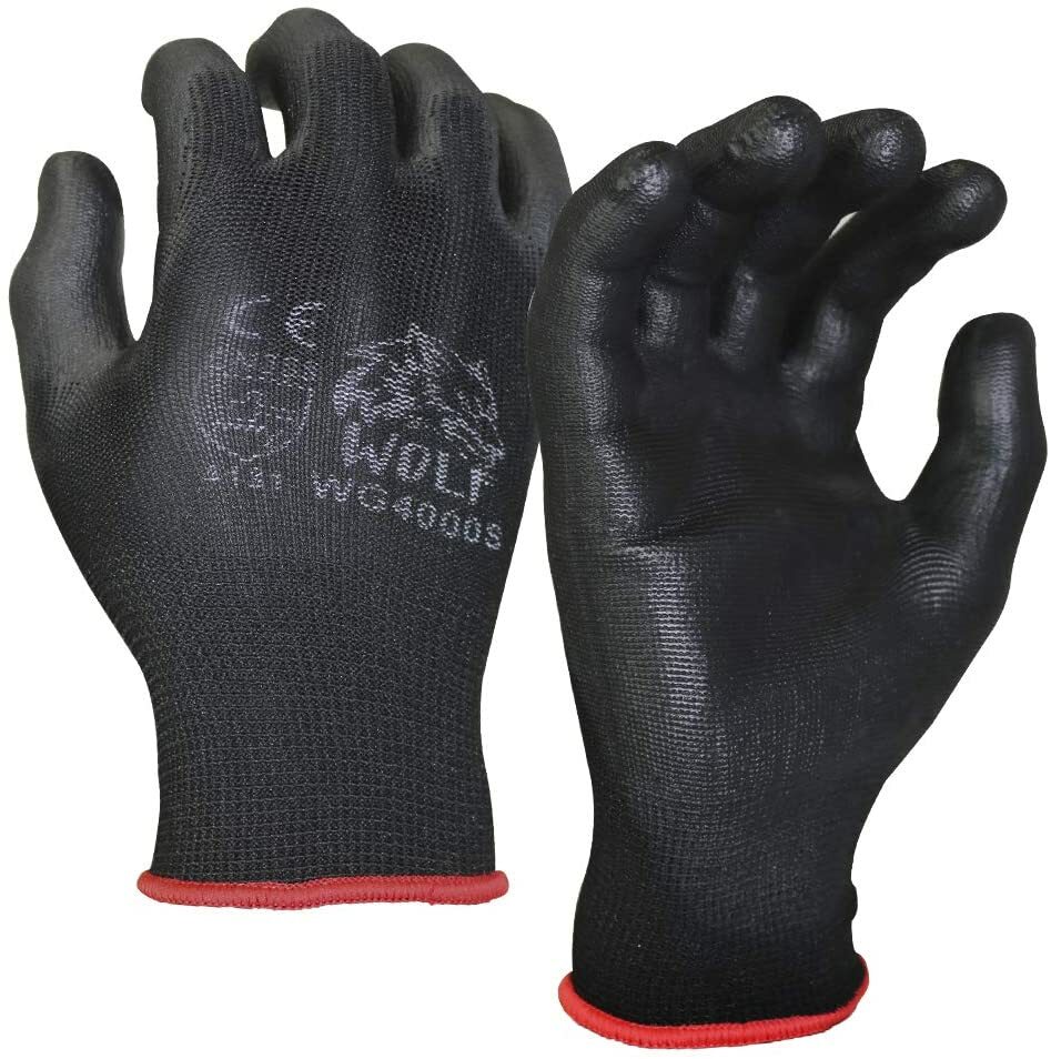 WOLF Ultra-Thin Black Work Gloves Polyurethane Palm Coated Nylon Shell 12 Pairs WOLF Ultra-Thin Black Work Gloves Polyurethane Palm Coated Nylon Shell 12 Pairs