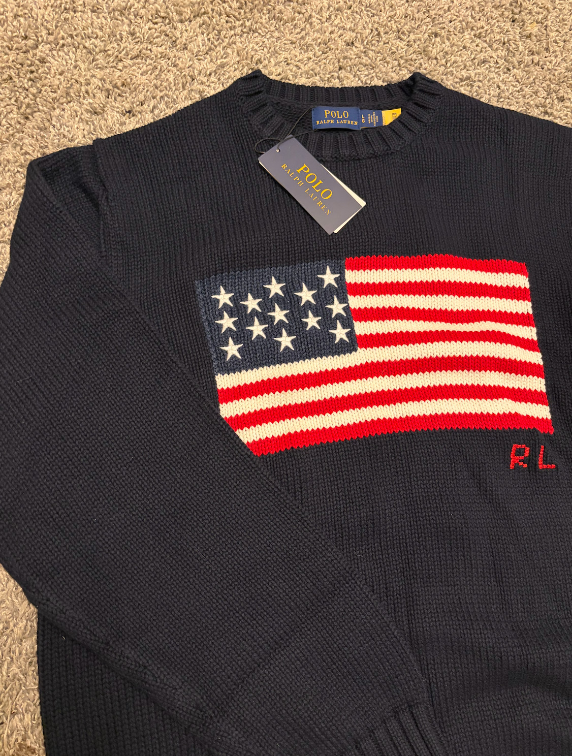 💖 Ralph Lauren Navy American Flag Sweater Knit Women Sz M-L USA Shipping 🇺🇸